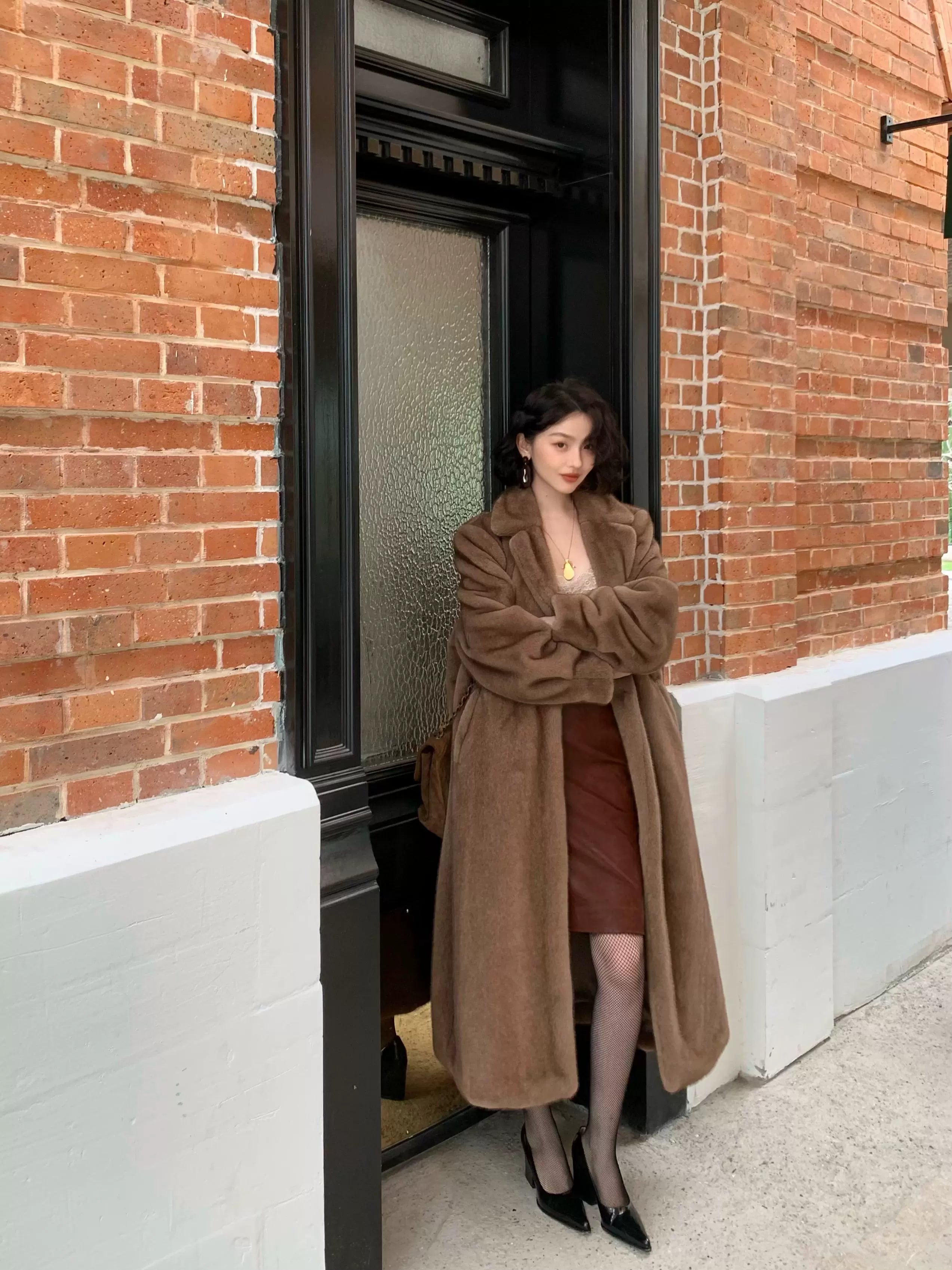Long Brown Faux Fur Lapel Coat