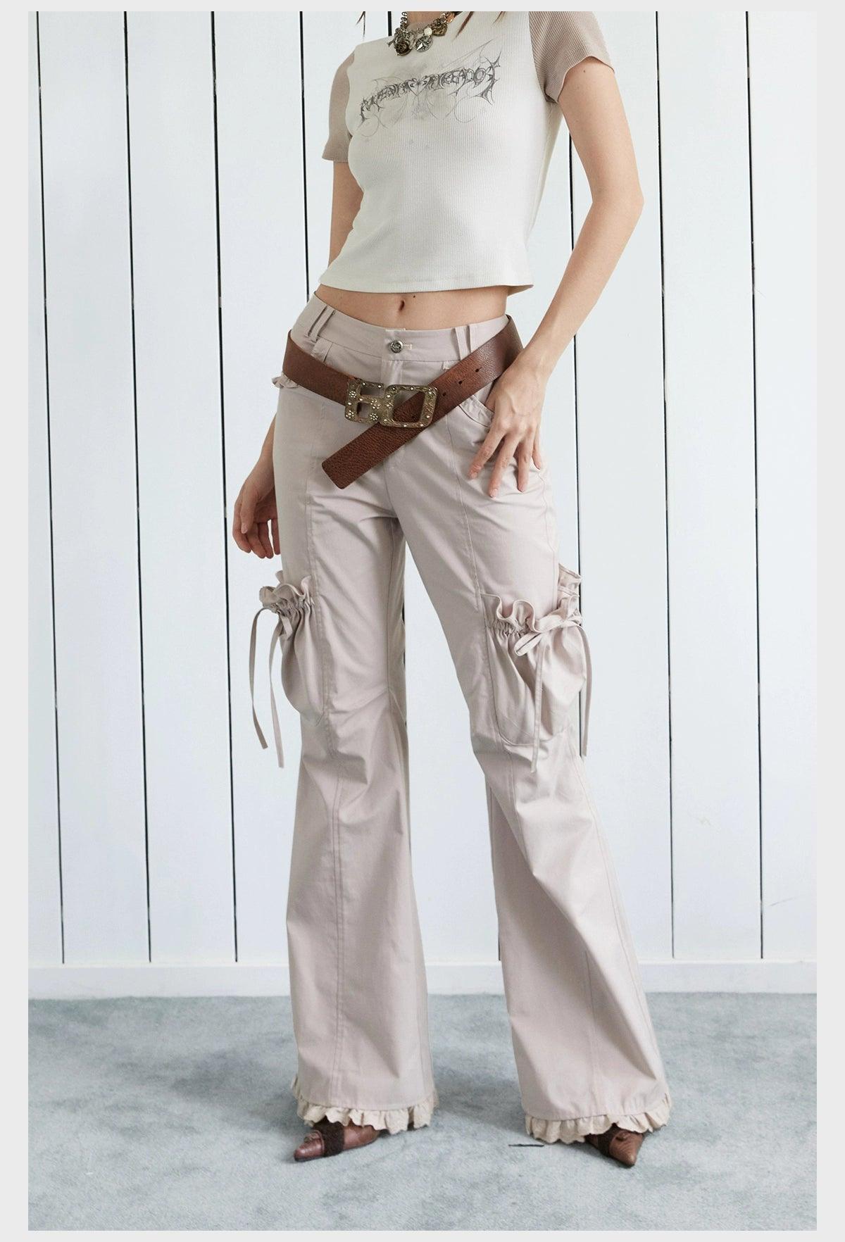 Strike A Pose Women'S Boho Cargo Pants - Wide Leg Drawstring Pocket Trousers With Decorative Belt