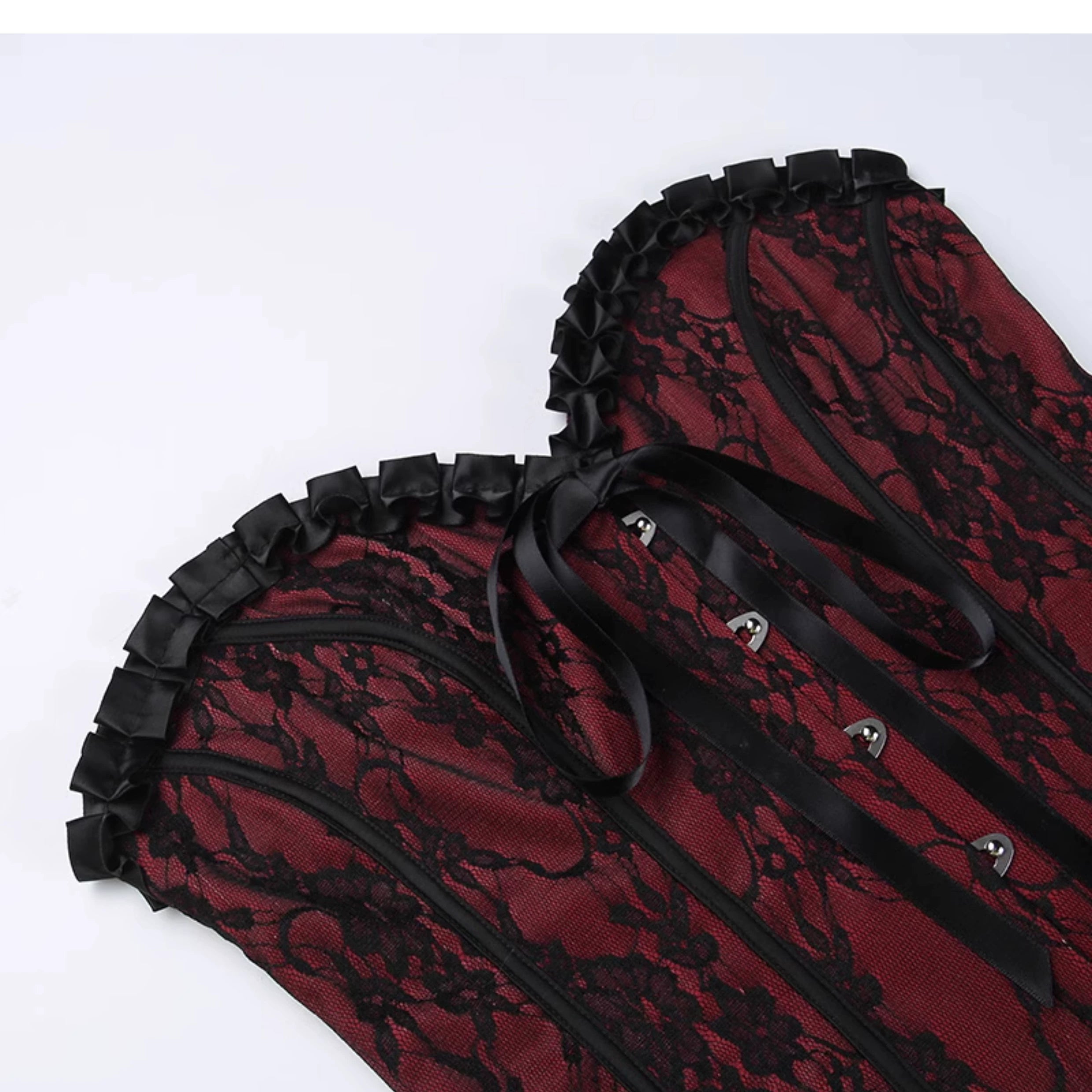 Wannathis Gothic Lace-Up Corset - Red And Black Floral Brocade Bustier With Ruffle Trim