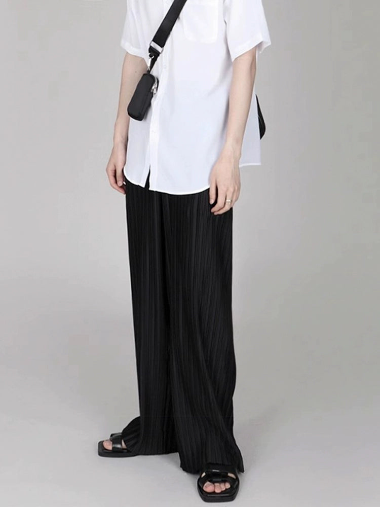 Ice Silk Casual Pleated Wide-Leg Pants With Draped Floor-Length Design - chiclara