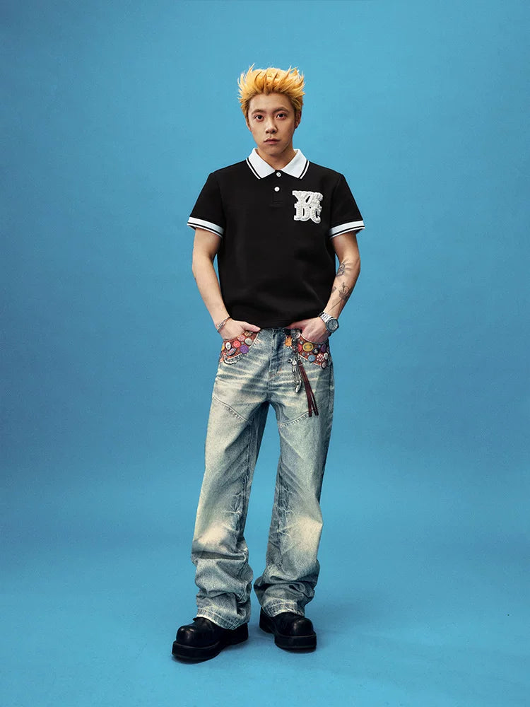 Badge Embellished Washed Wide Leg Jeans