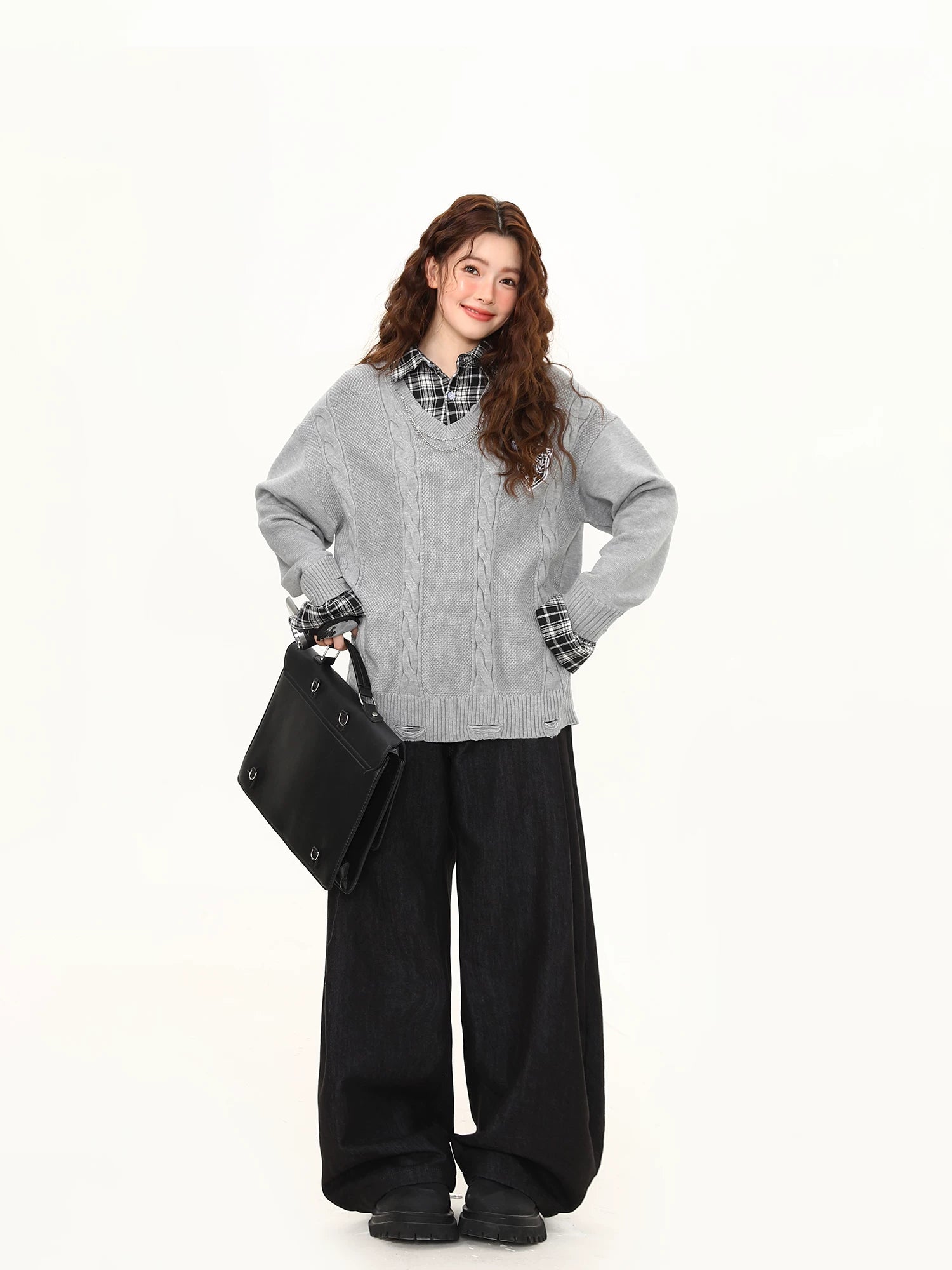 Slate Campus Cable Knit V-Neck Sweater