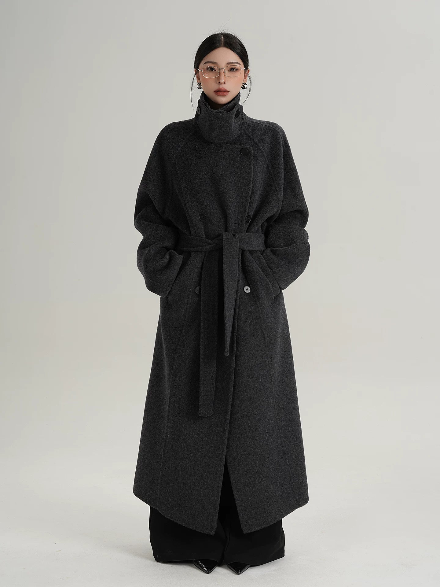Caramel Crest Funnel-Belt Wool Coat