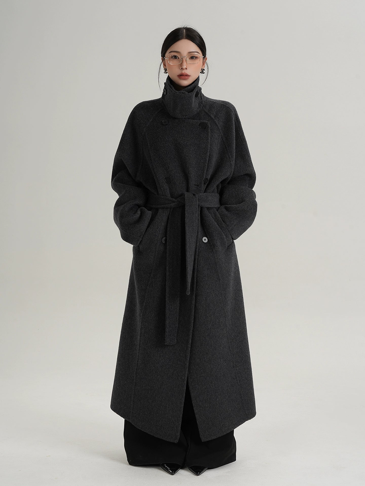 Caramel Crest Funnel-Belt Wool Coat