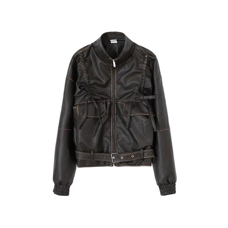 Sleek Ruched Hem PU Leather Jacket - chiclara