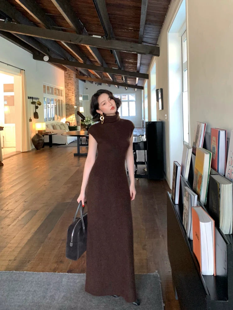 Warm Mohair Turtleneck Knit Maxi Dress