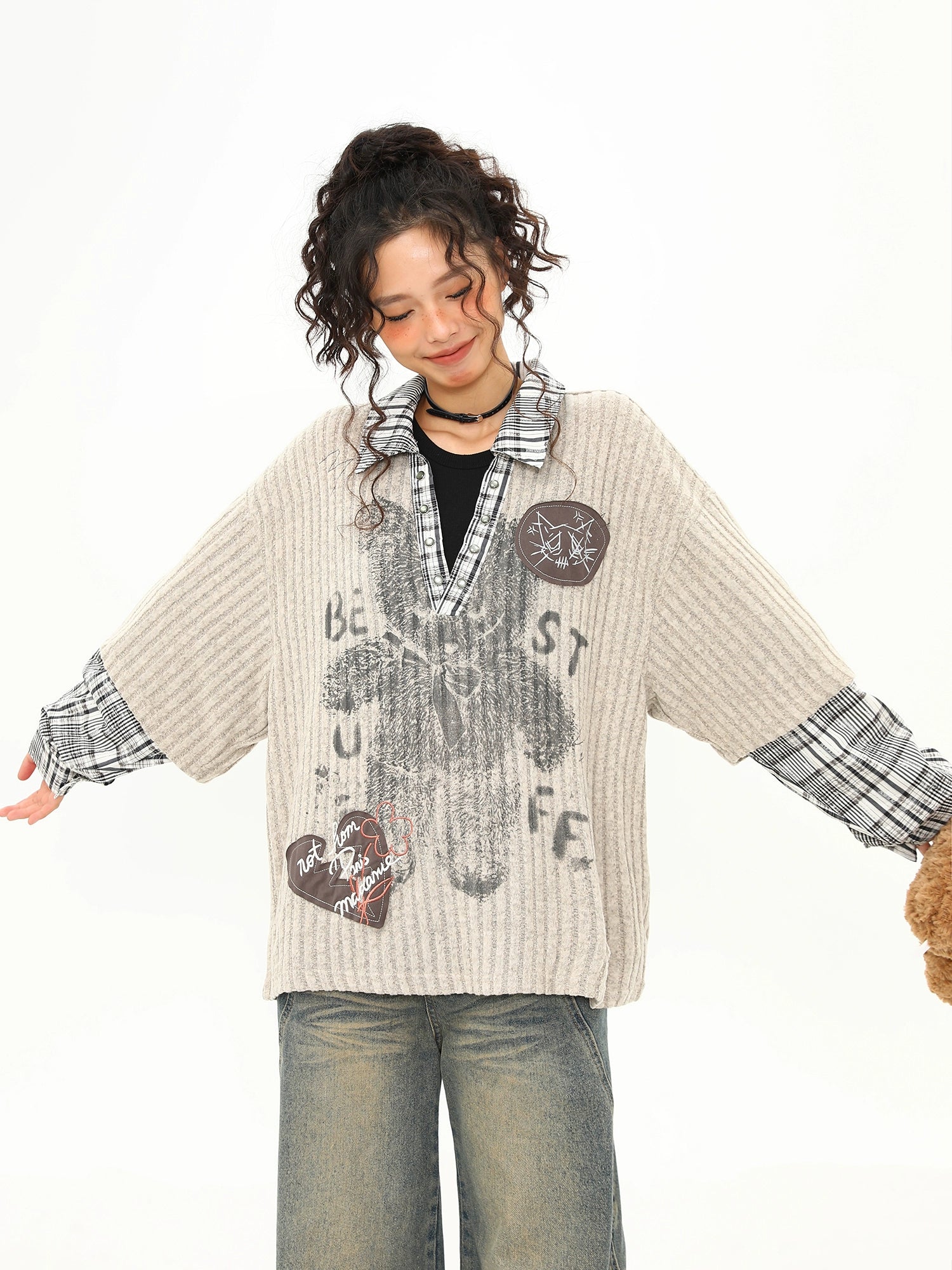 Teddy Graffiti Layered Knit Top