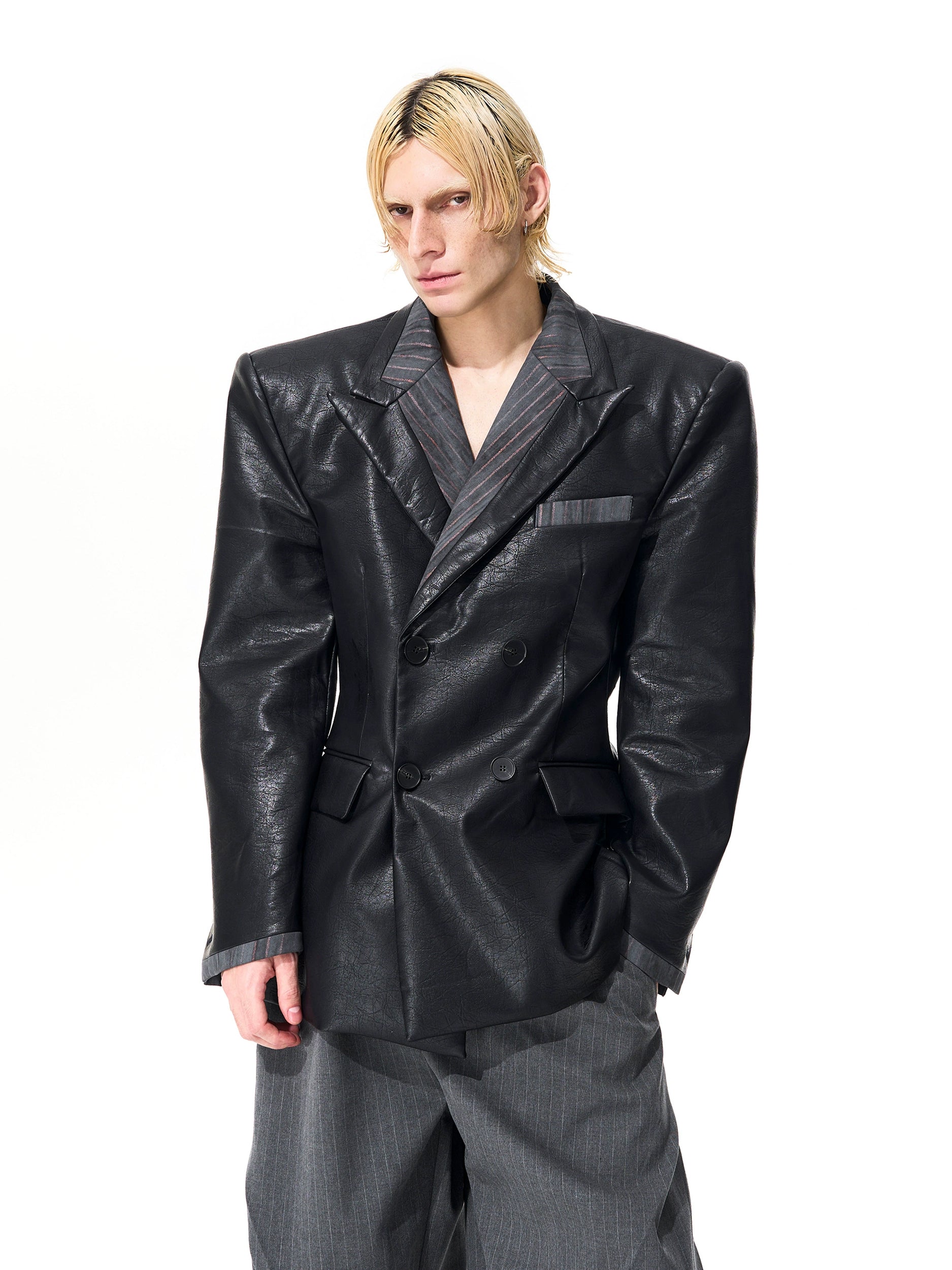 Black Faux Leather Blazer Jacket