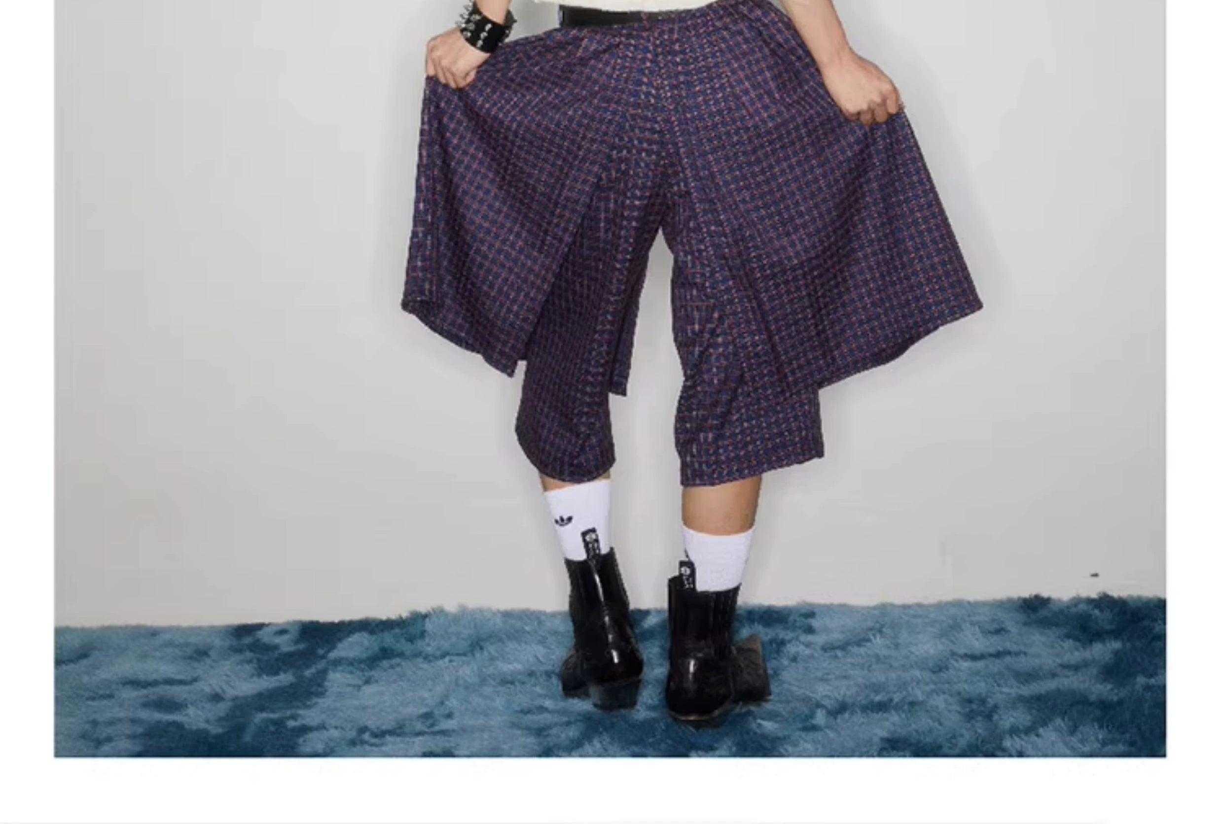 Plaid Buckle-Front Layered Skort - chiclara