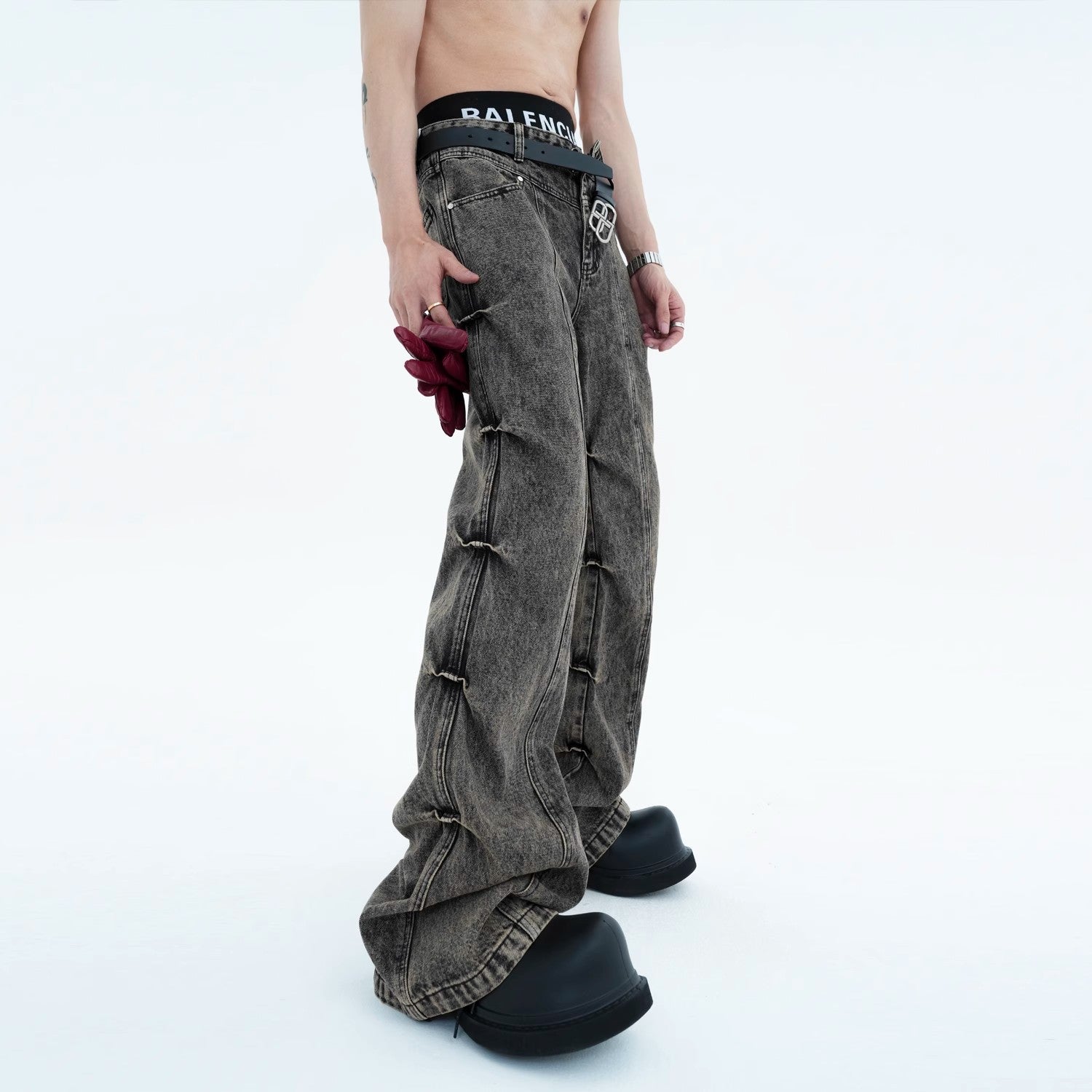 Pleated Distressed Bootcut Jeans