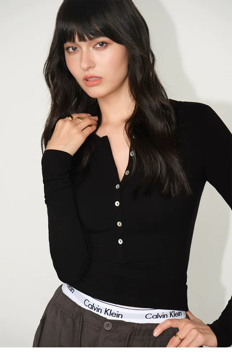 Slim Ribbed Buttoned Henley Tops