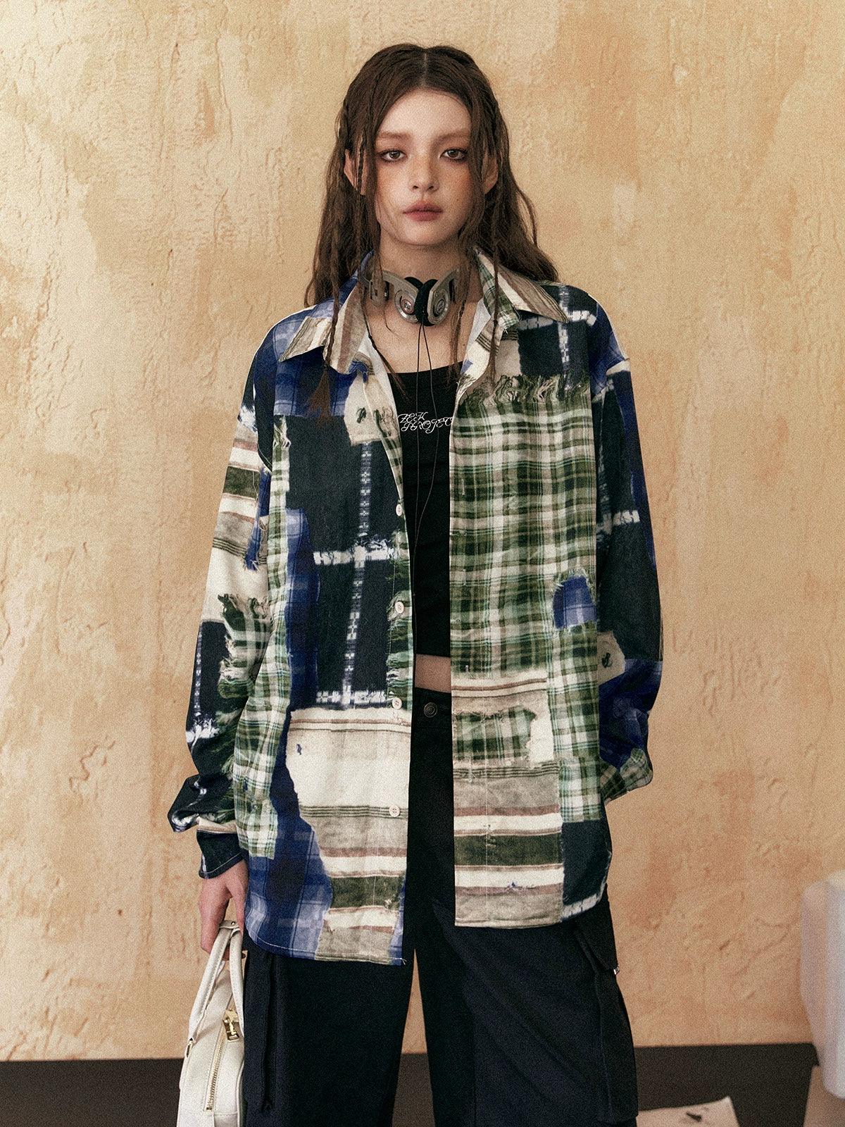 Ezek Oversized Patchwork Plaid Shirt - Unisex Grunge Tie-Dye Flannel Button-Up Jacket