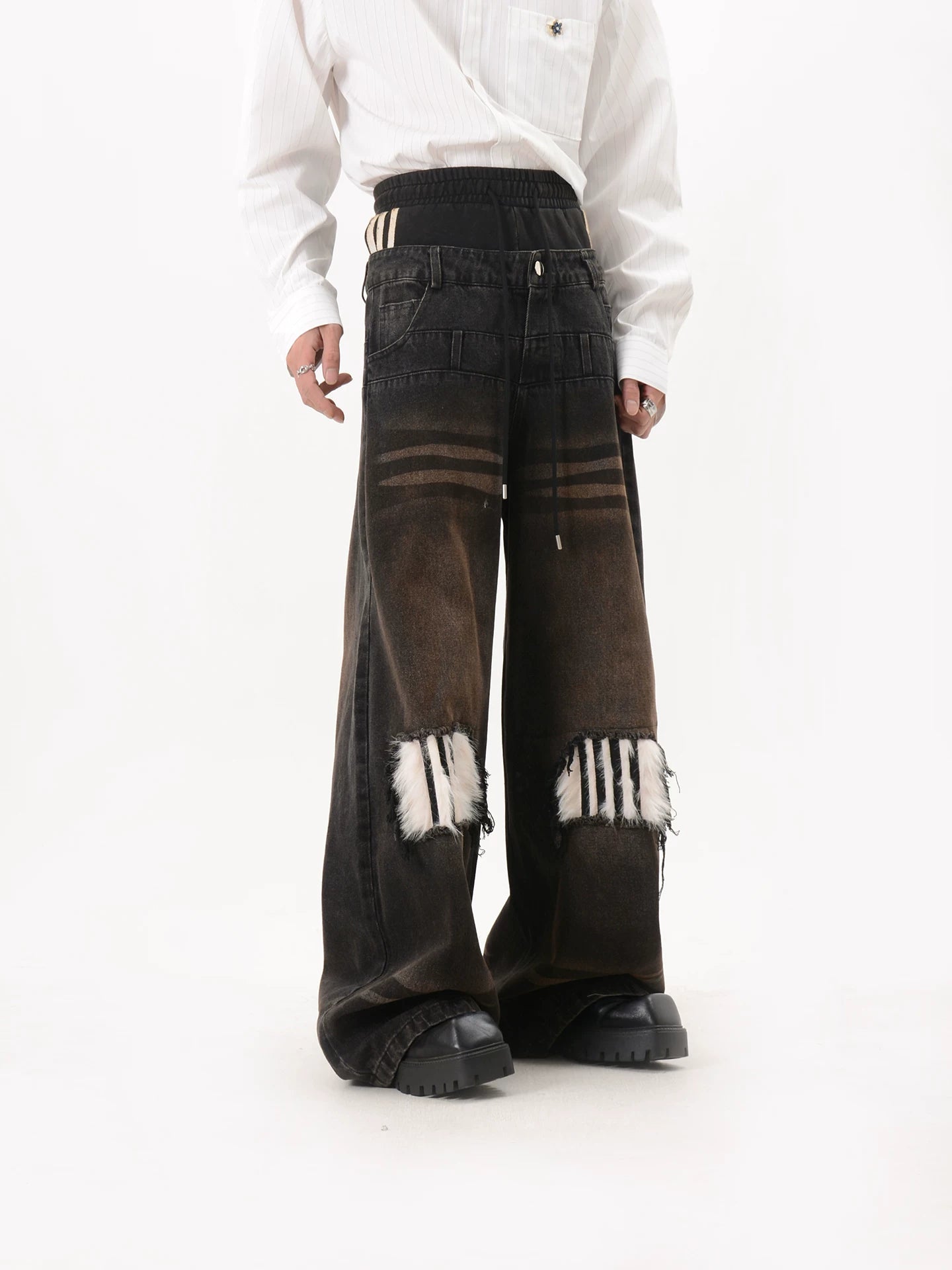 Faux Fur Patch Wide Leg Jeans