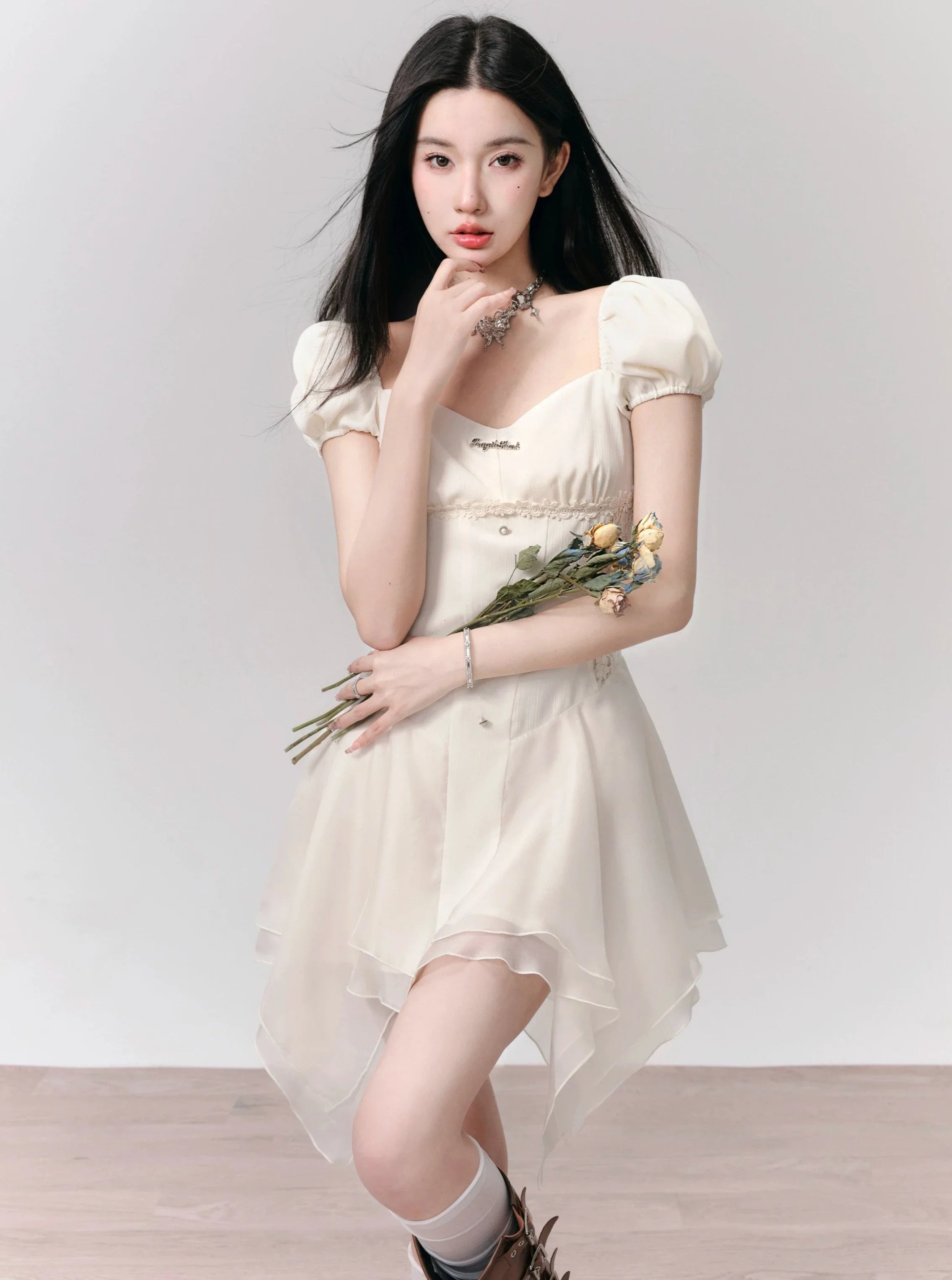 Romantic White Puff Sleeve Mini Dress - Corset-Style Bodice with Handkerchief Hem