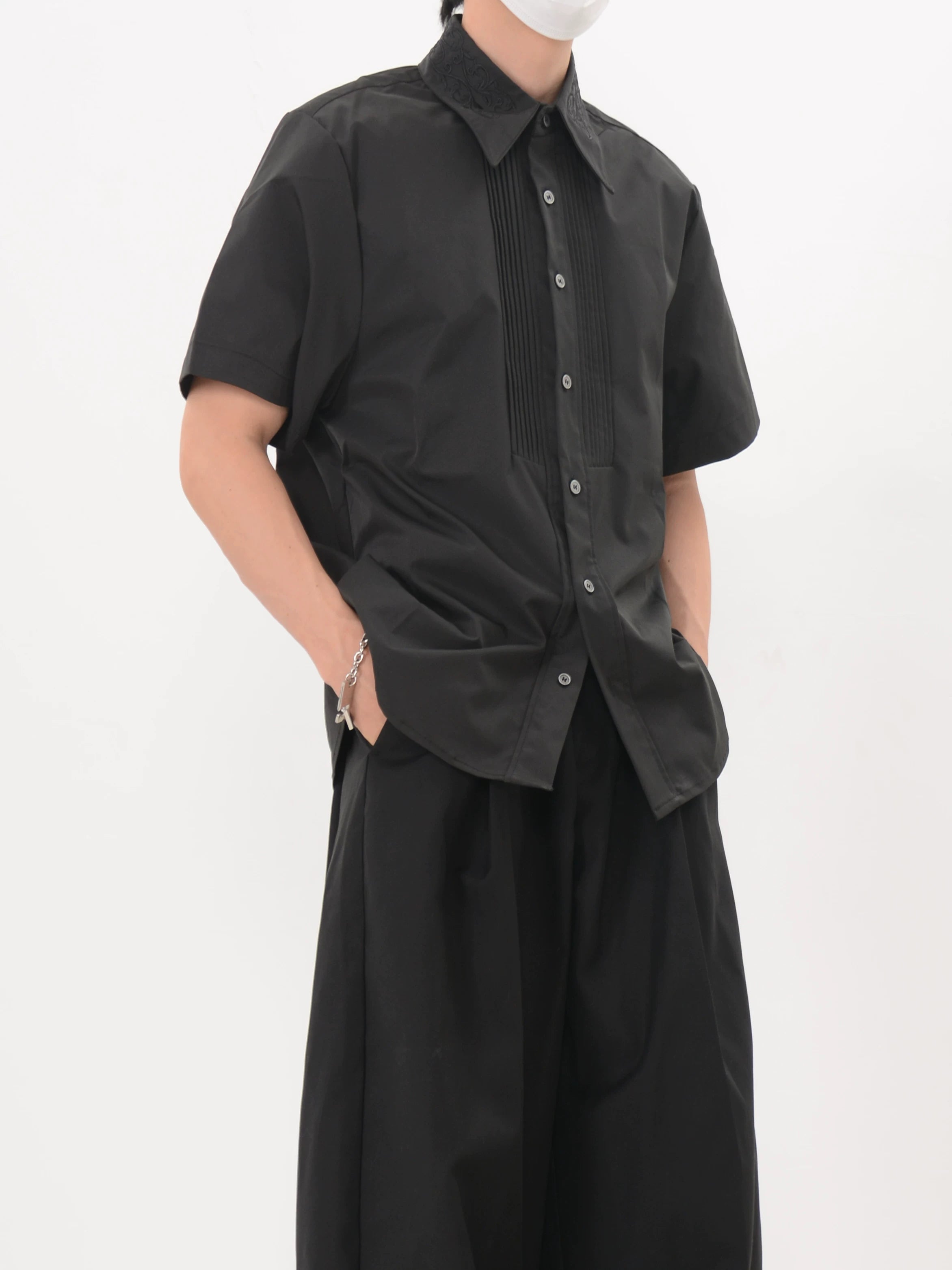 Noir Tux Pleat Embroidered Shirt