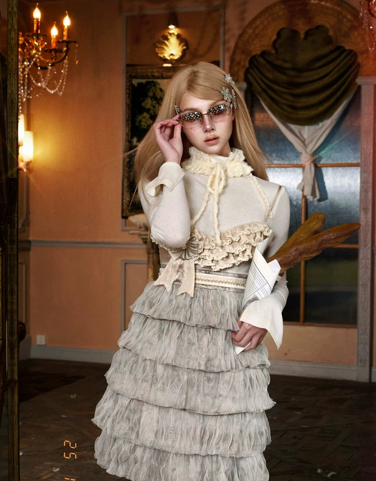 Cream Ruffle Bow Tiered Midi Dress