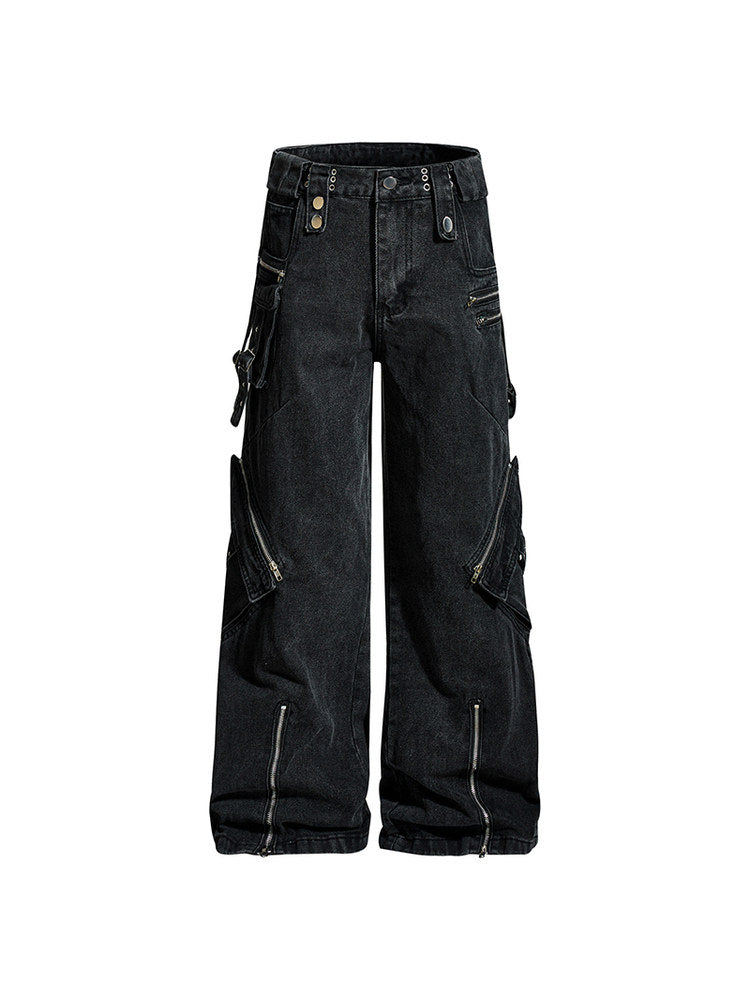 Men's Strap-Rivet Wide-Leg Cargo Jeans