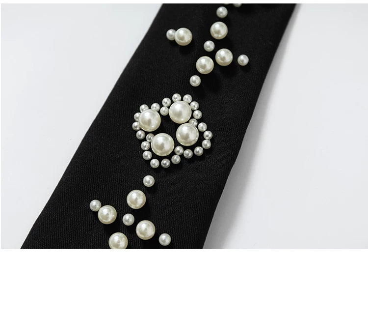 Pearl Embellished Statement Skinny Neck Tie
