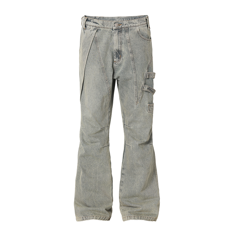 Side Strap Work Washed Denim Jeans - chiclara