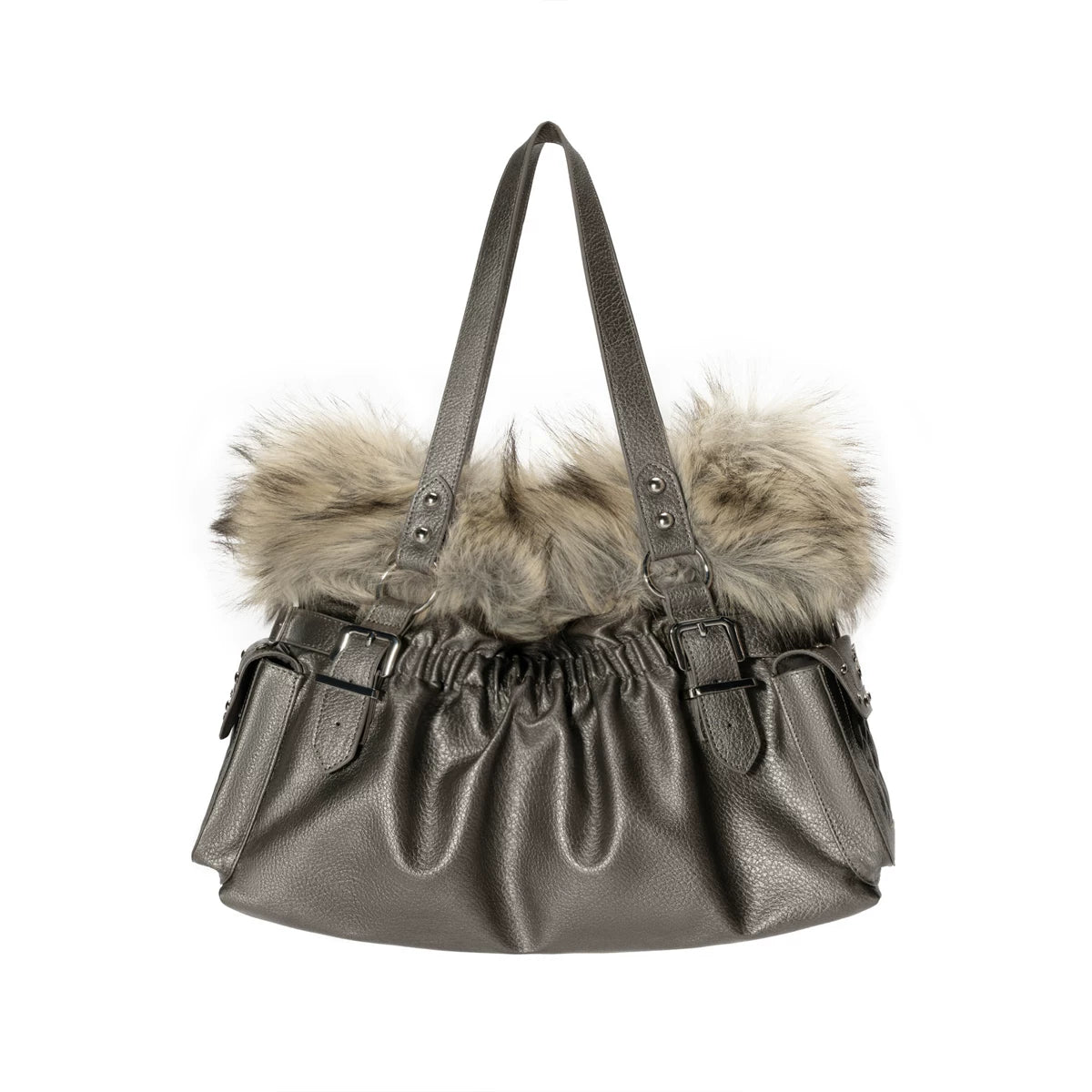 Golden Purr Luxe Faux‑Fur Charm Tote
