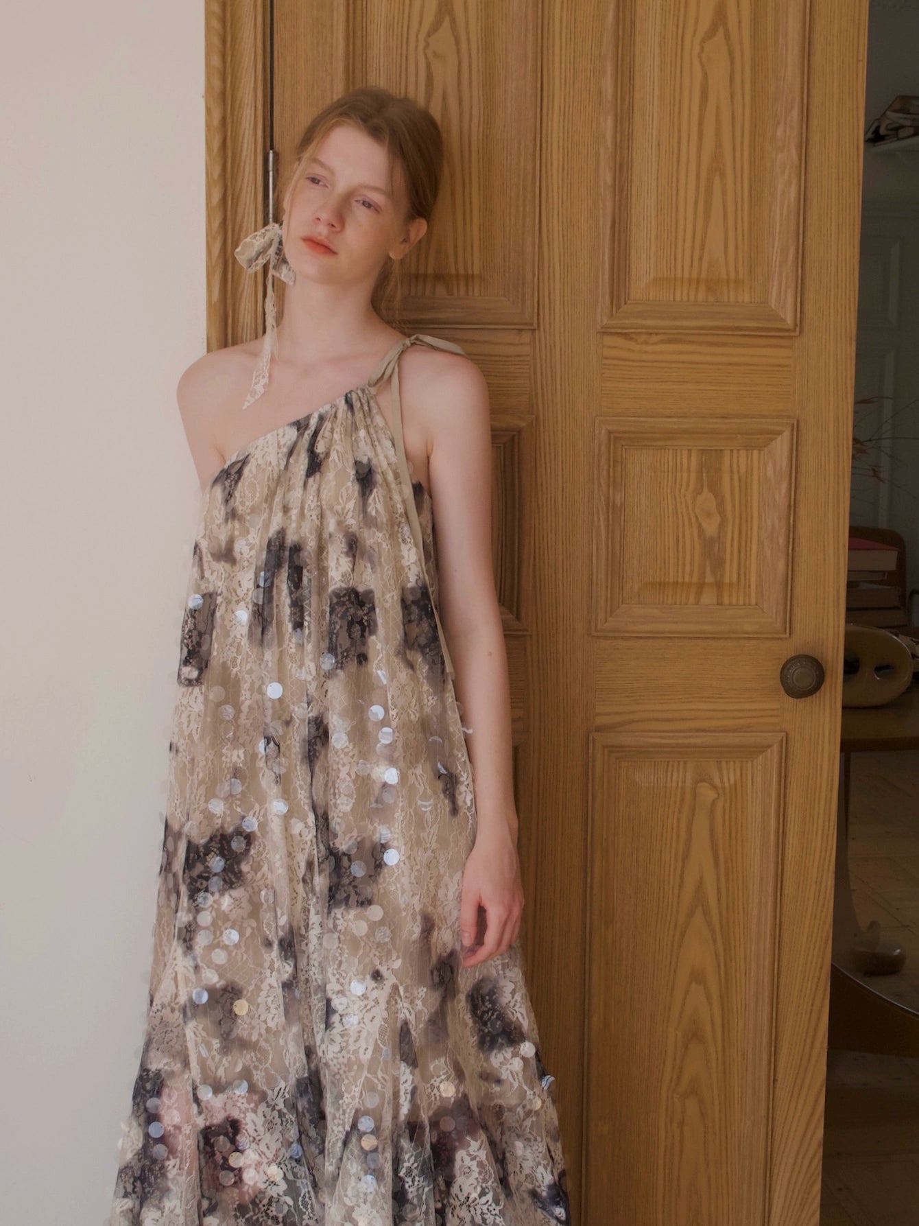 Sequin Embellished Sheer Lace One-Shoulder Maxi Dress