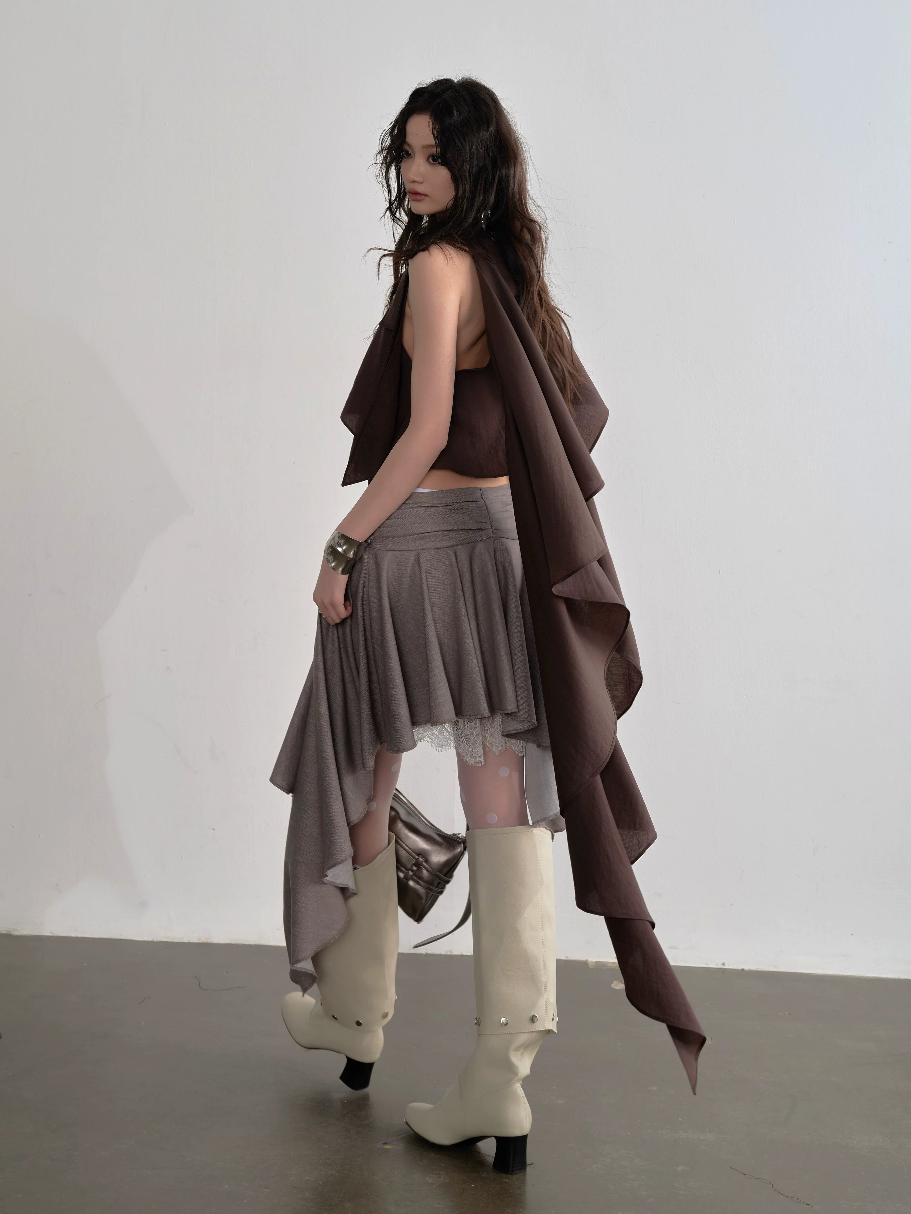 Mocha Cascade Ruffle Halter Top