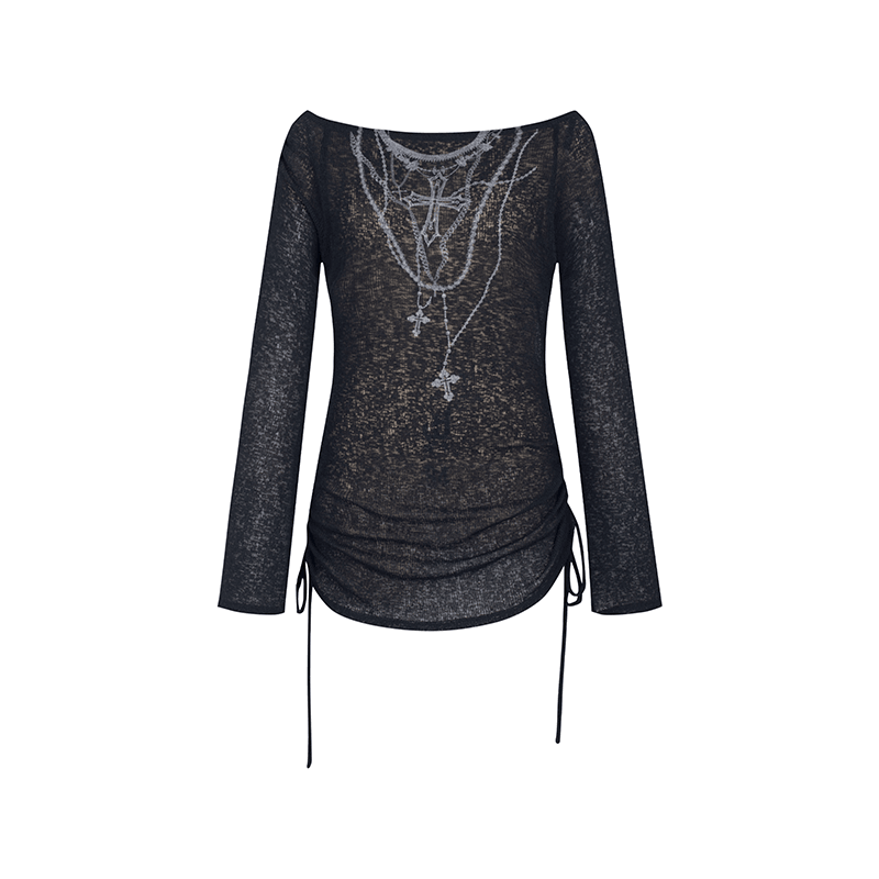 Strike A Pose Women'S Gothic Necklace Print Top - Long Sleeve Ruched Side-Tie Boat Neck Blouse In Black Semi-Sheer Knit