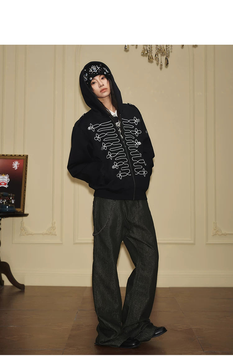 Black Military Embroidered Zip-Up Hoodie