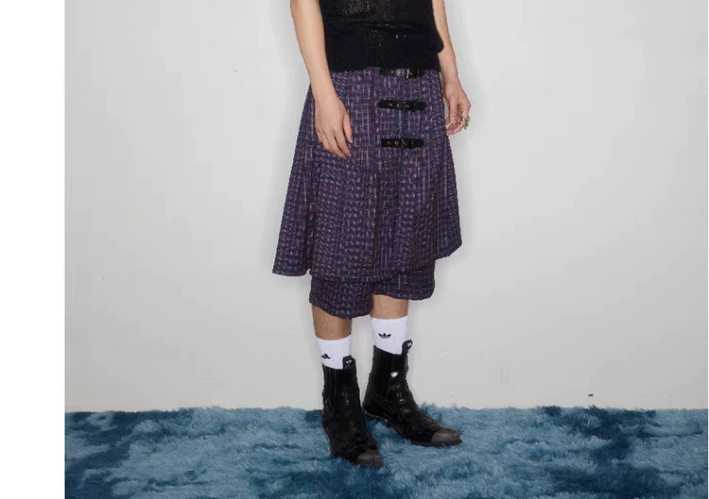 Plaid Buckle-Front Layered Skort - chiclara