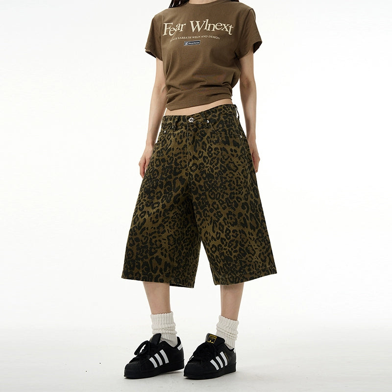 Leopard Print Wide Leg Knee-Length Shorts