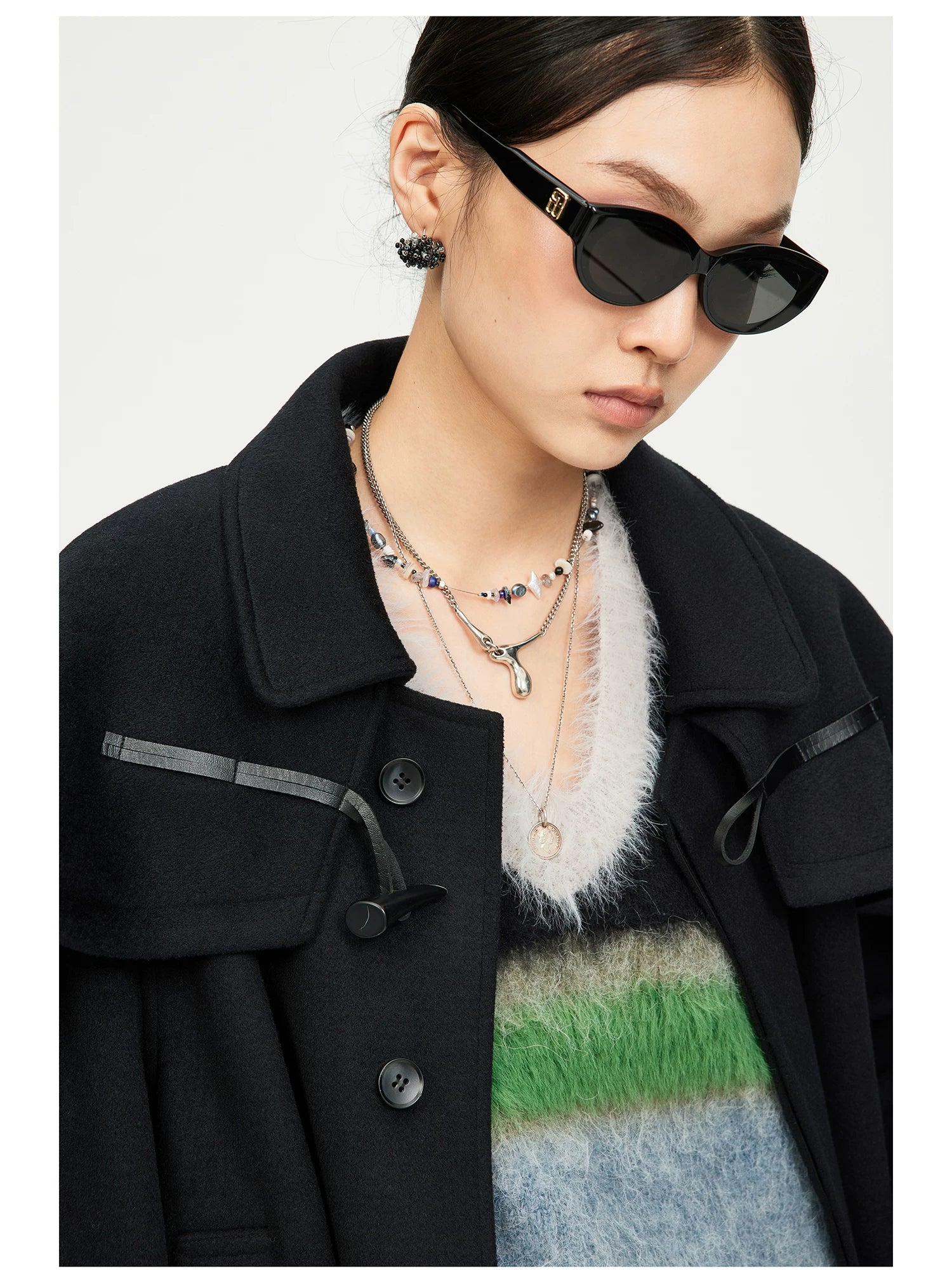 Black Cape-Detail Long Coat