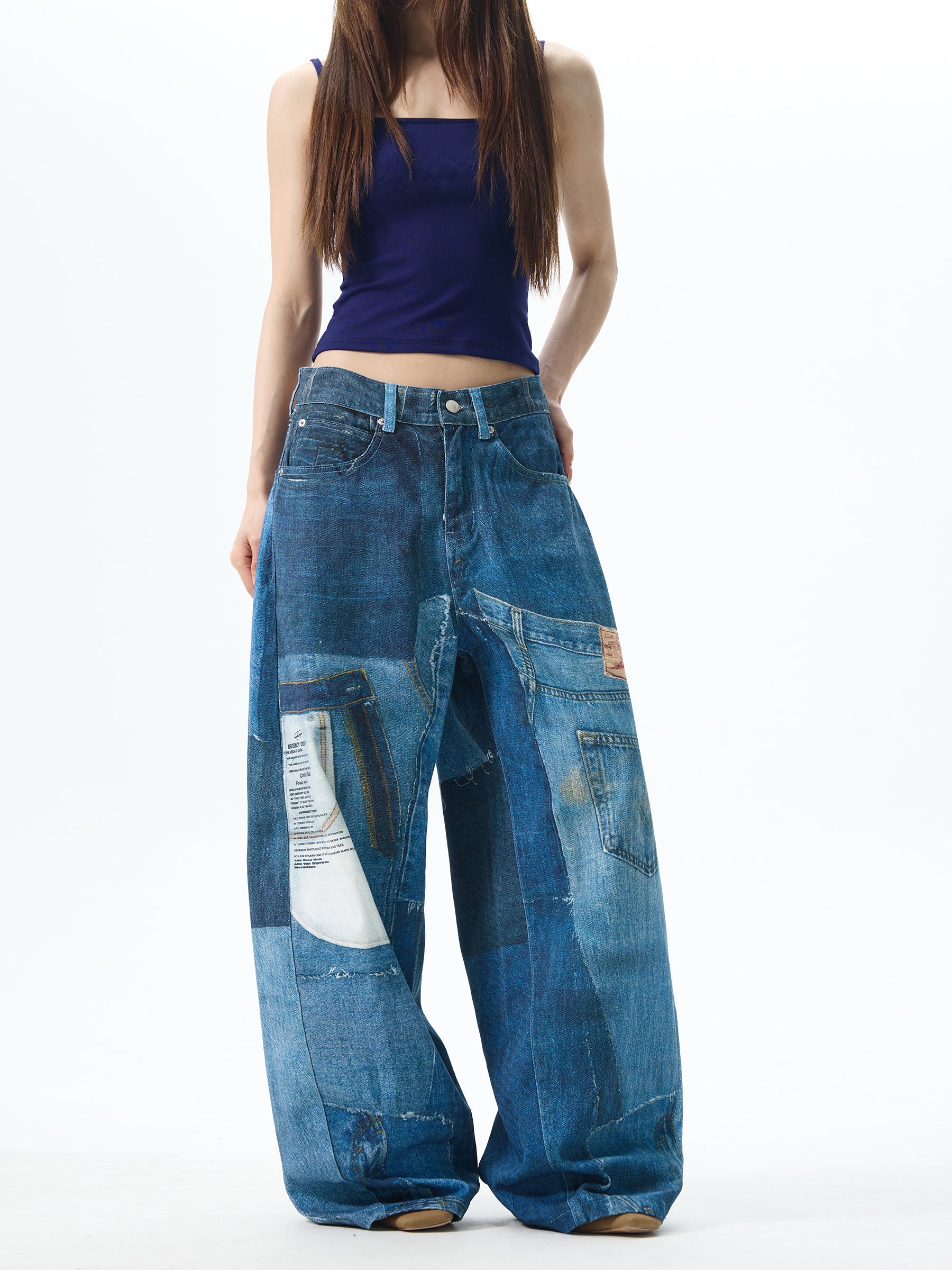 denim wide-leg casual patchwork python pants | wide... Patchwork Wide-Leg Denim Jeans | Chiclara