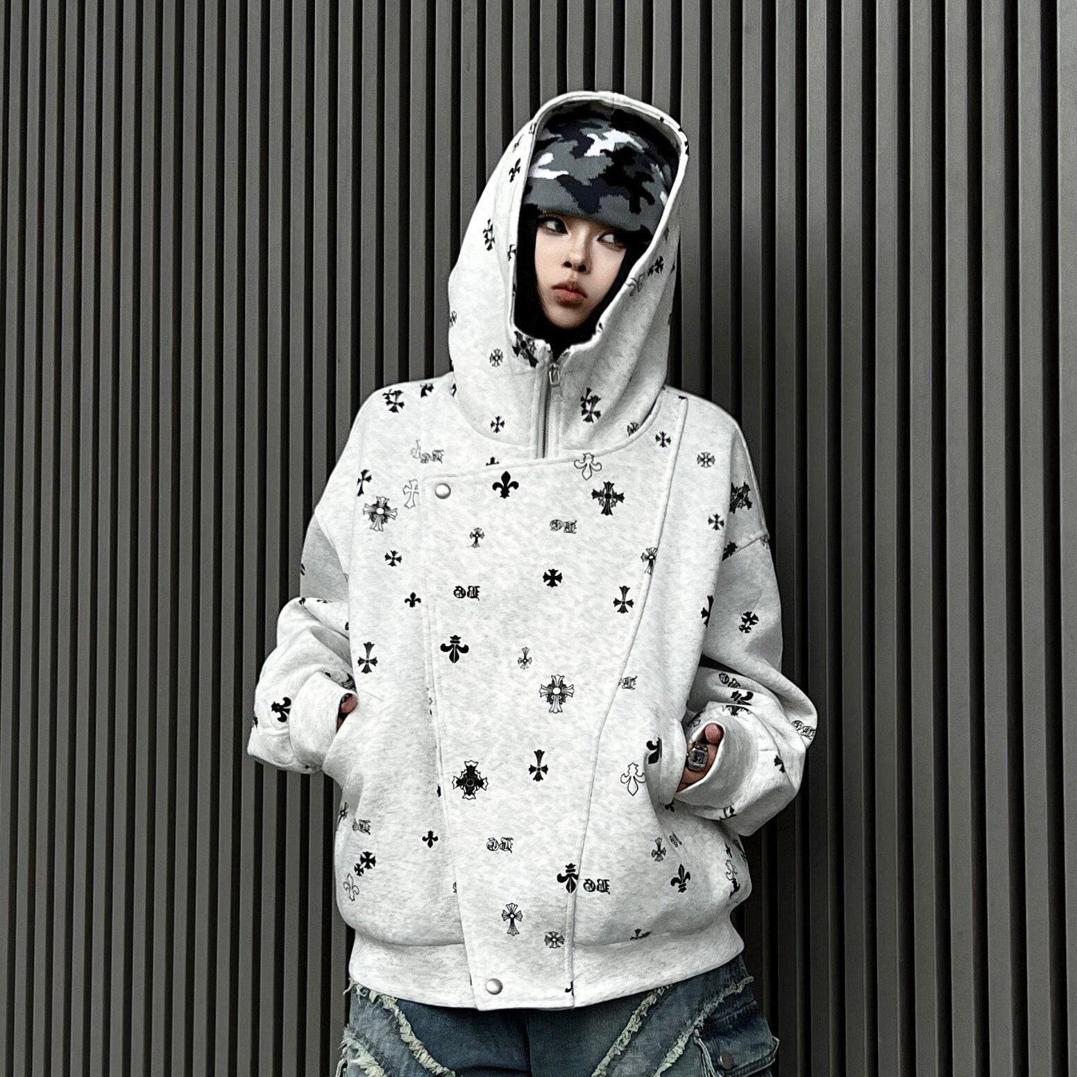 Men's Deconstructed Patchwork Double-Placket Zip-Up Hoodie