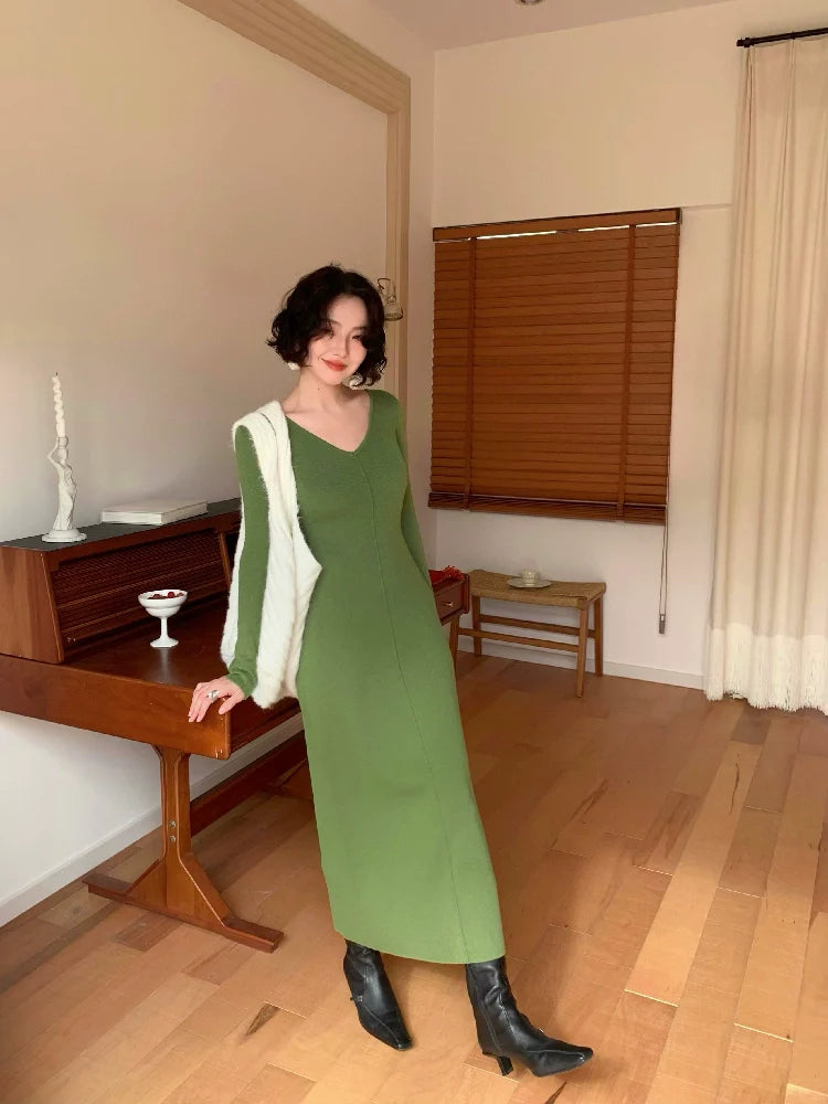 V-Neck Ribbed Knit Sexy Dress