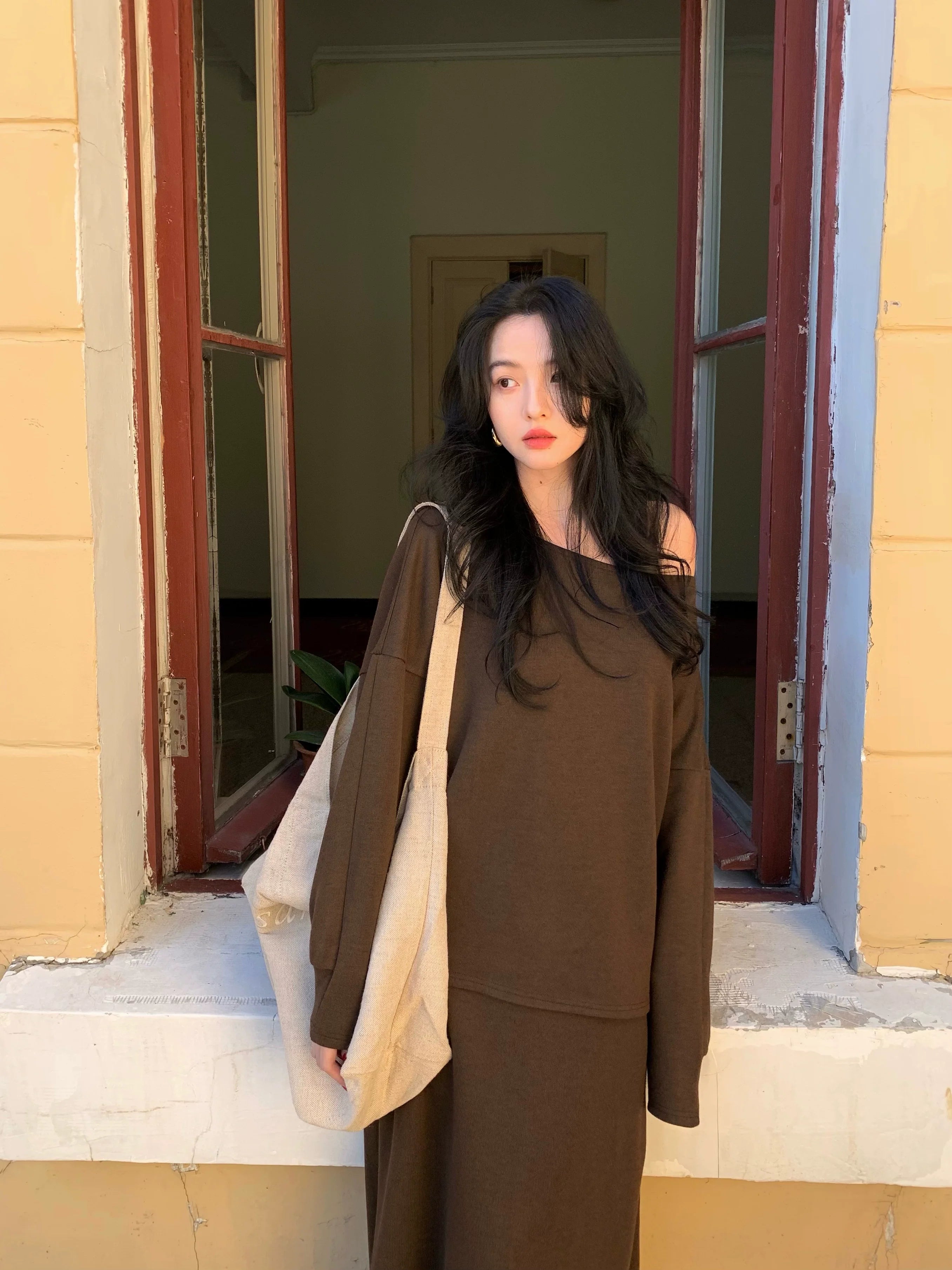 Wool Blend Long-Sleeve Top and Maxi Skirt Setup