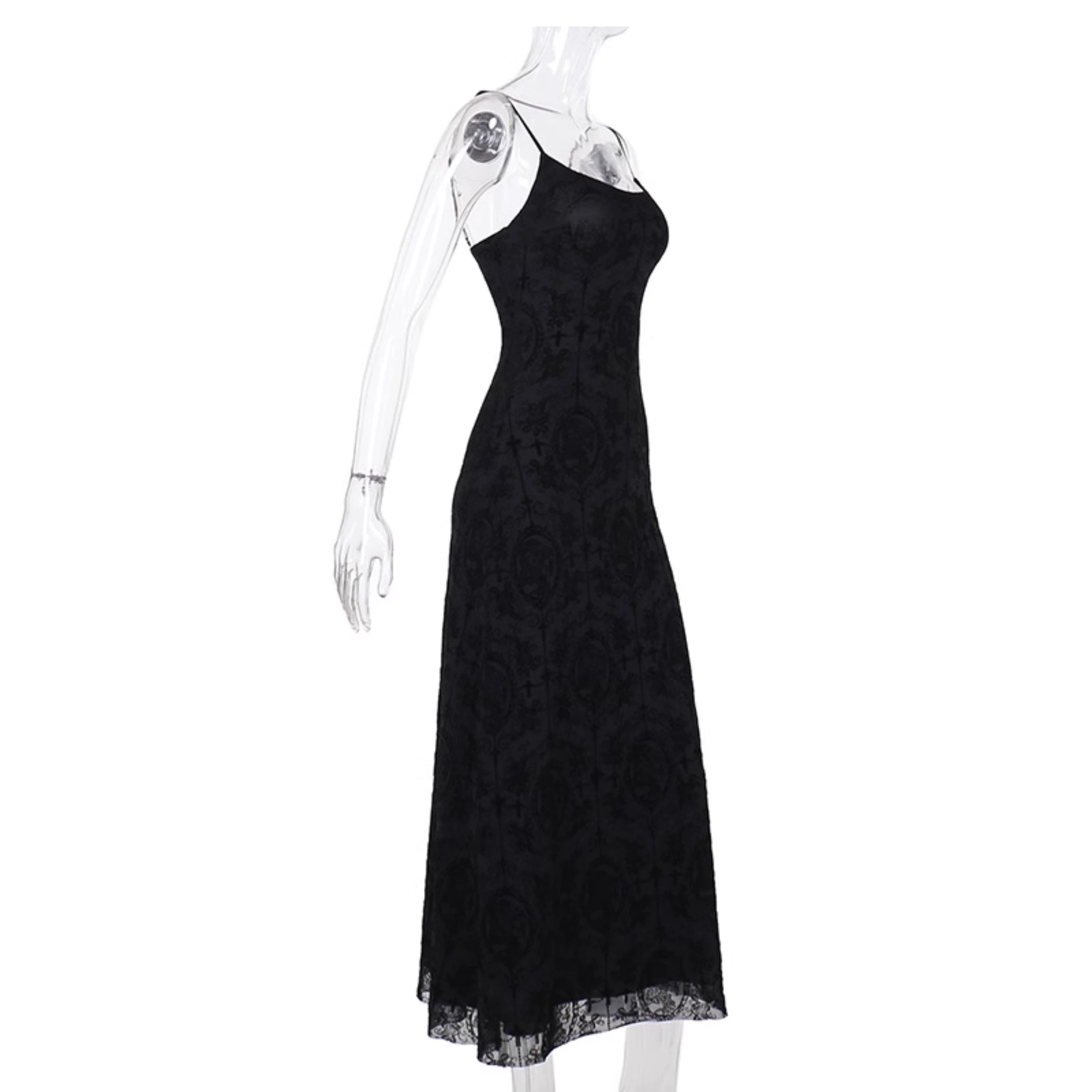 Wannathis Gothic Velvet Maxi Dress - Black Spaghetti Strap Burnout Gown With Lace-Up Arm Warmers