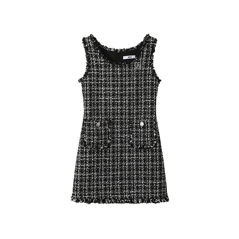 Tweed Sleeveless Mini Dress: Frayed Edge Shift Dress with Front Pockets