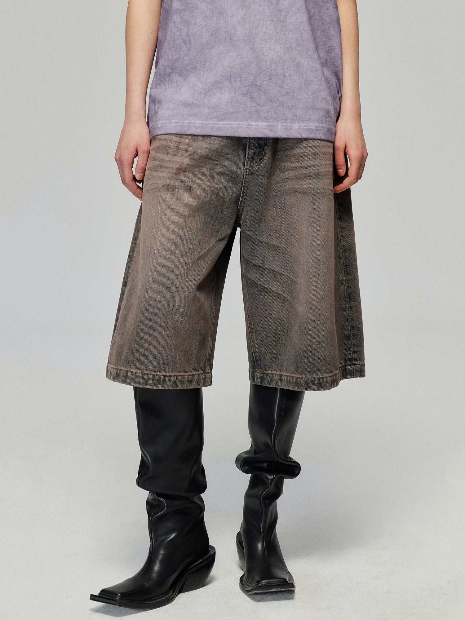 Washed Wide-Leg Denim Bermuda Shorts