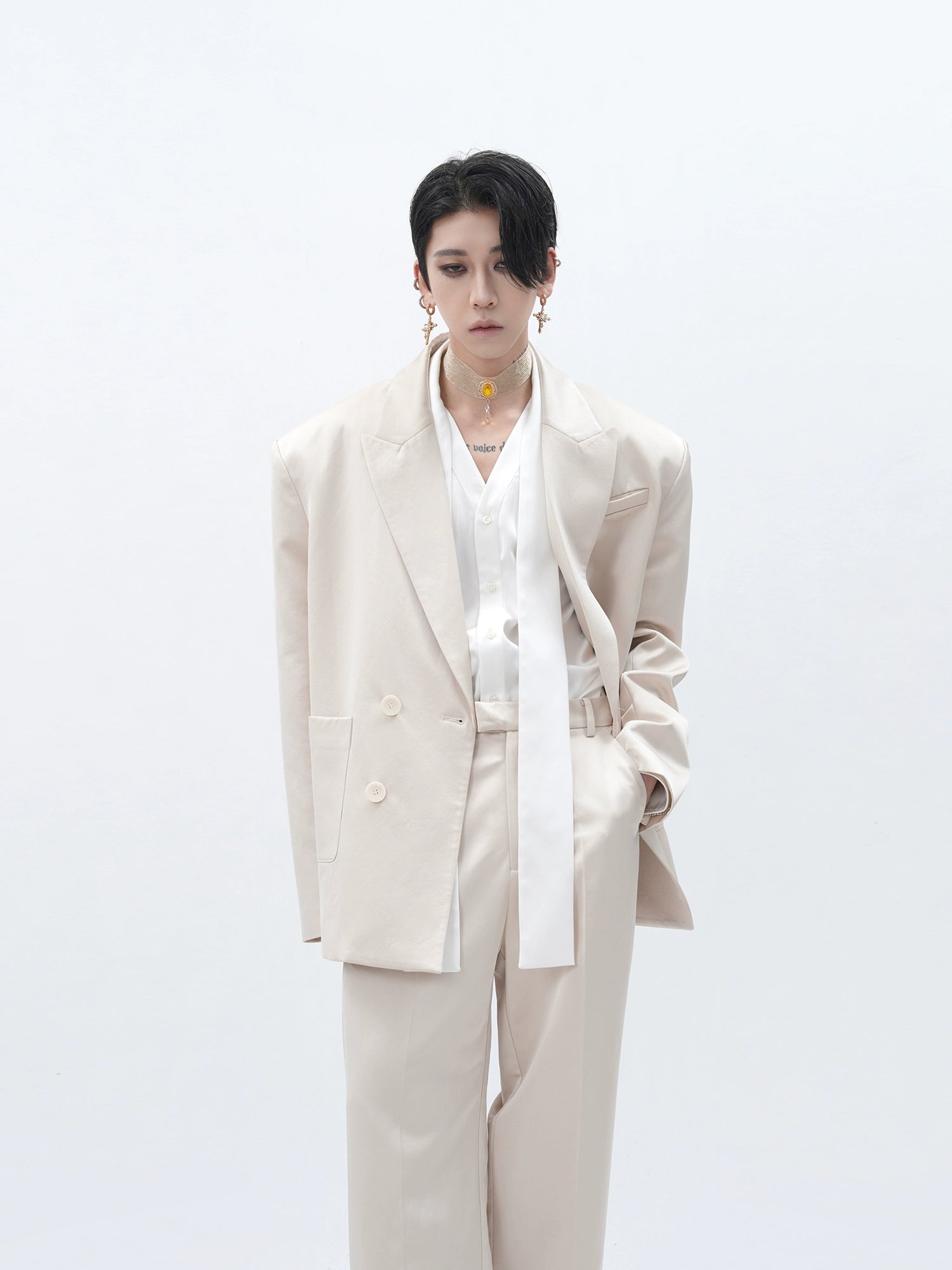 Cream Double-Breasted Oversized Blazer