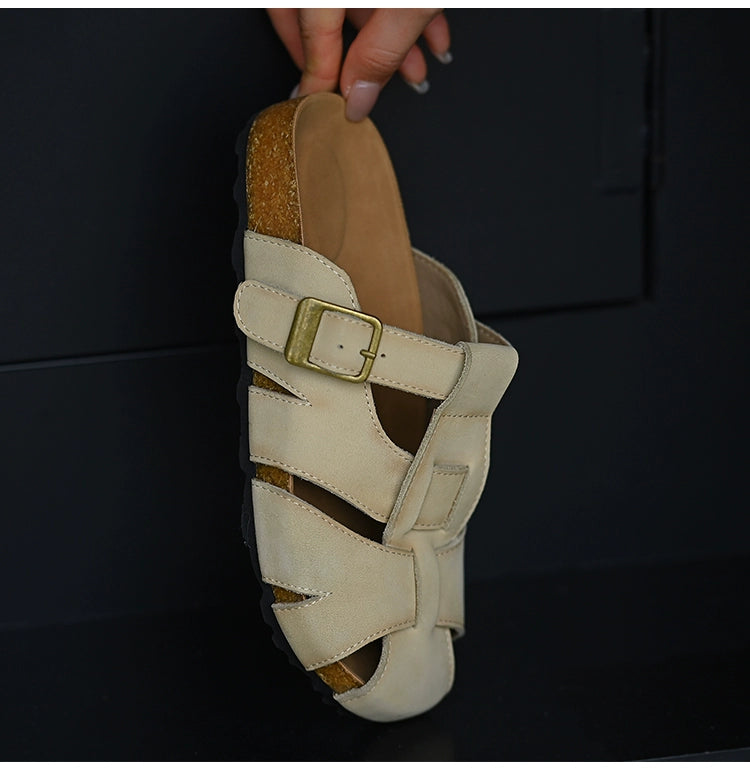 Beige Leather Buckle Strap Sandals