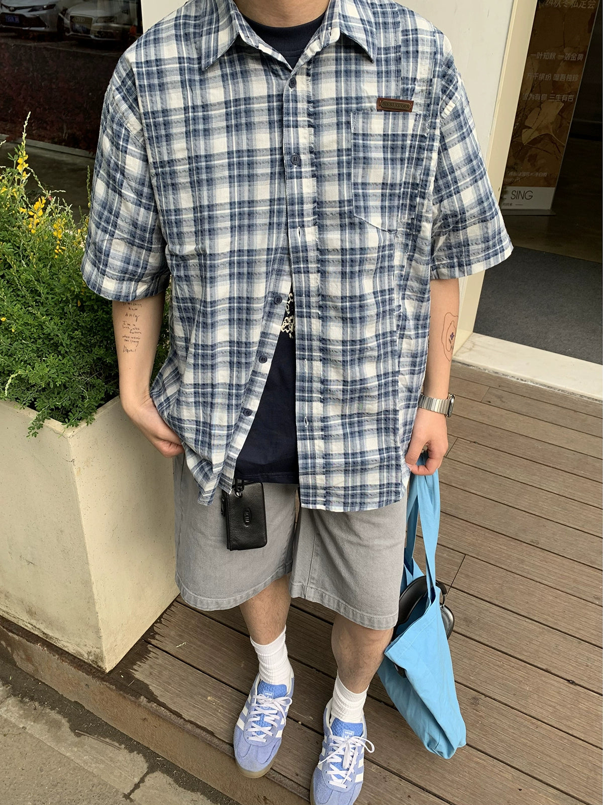 Oversized Blue and White Plaid Short Sleeve Shirt