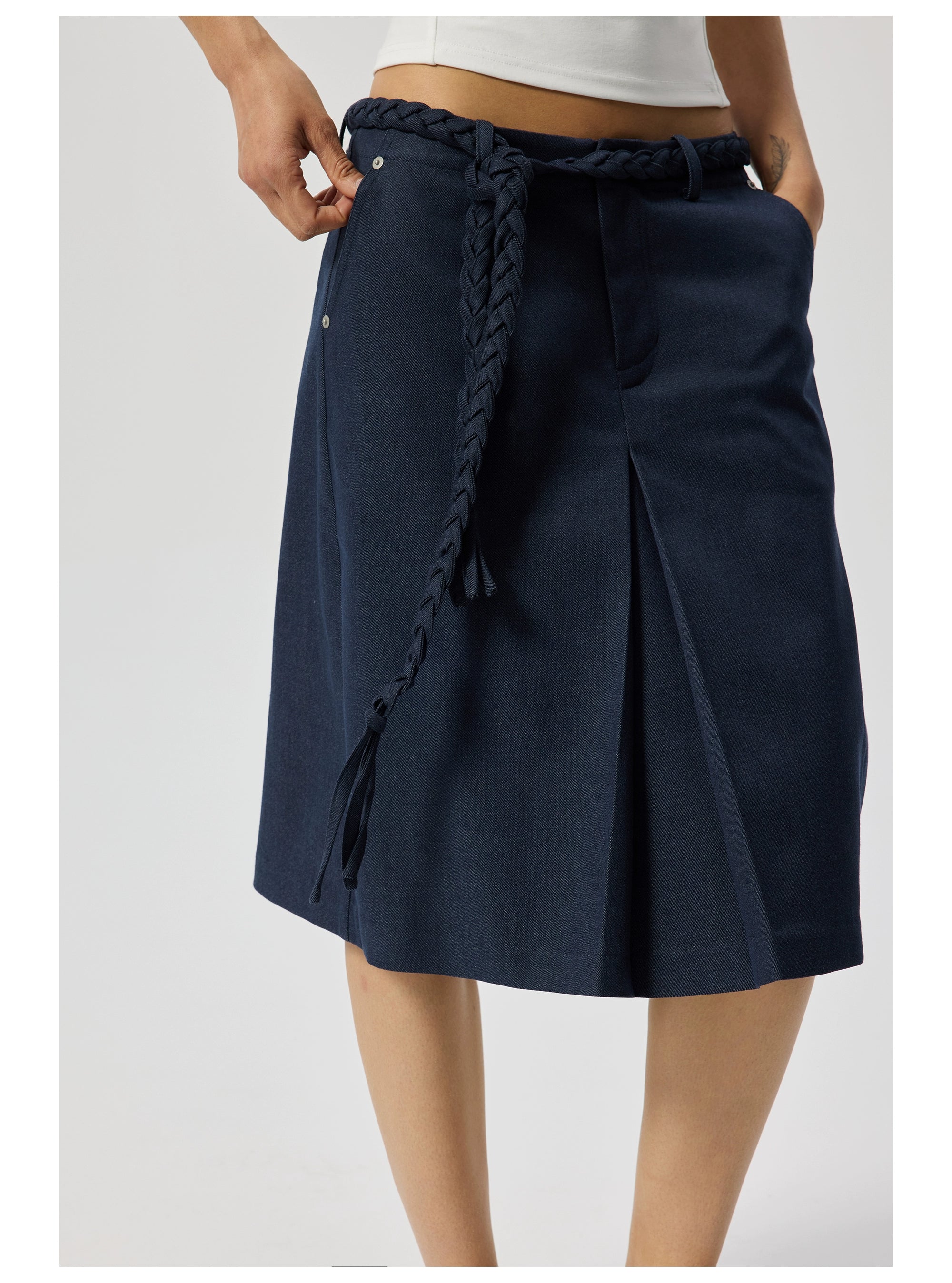 Navy Knee-Length Skirt with Braided Belt