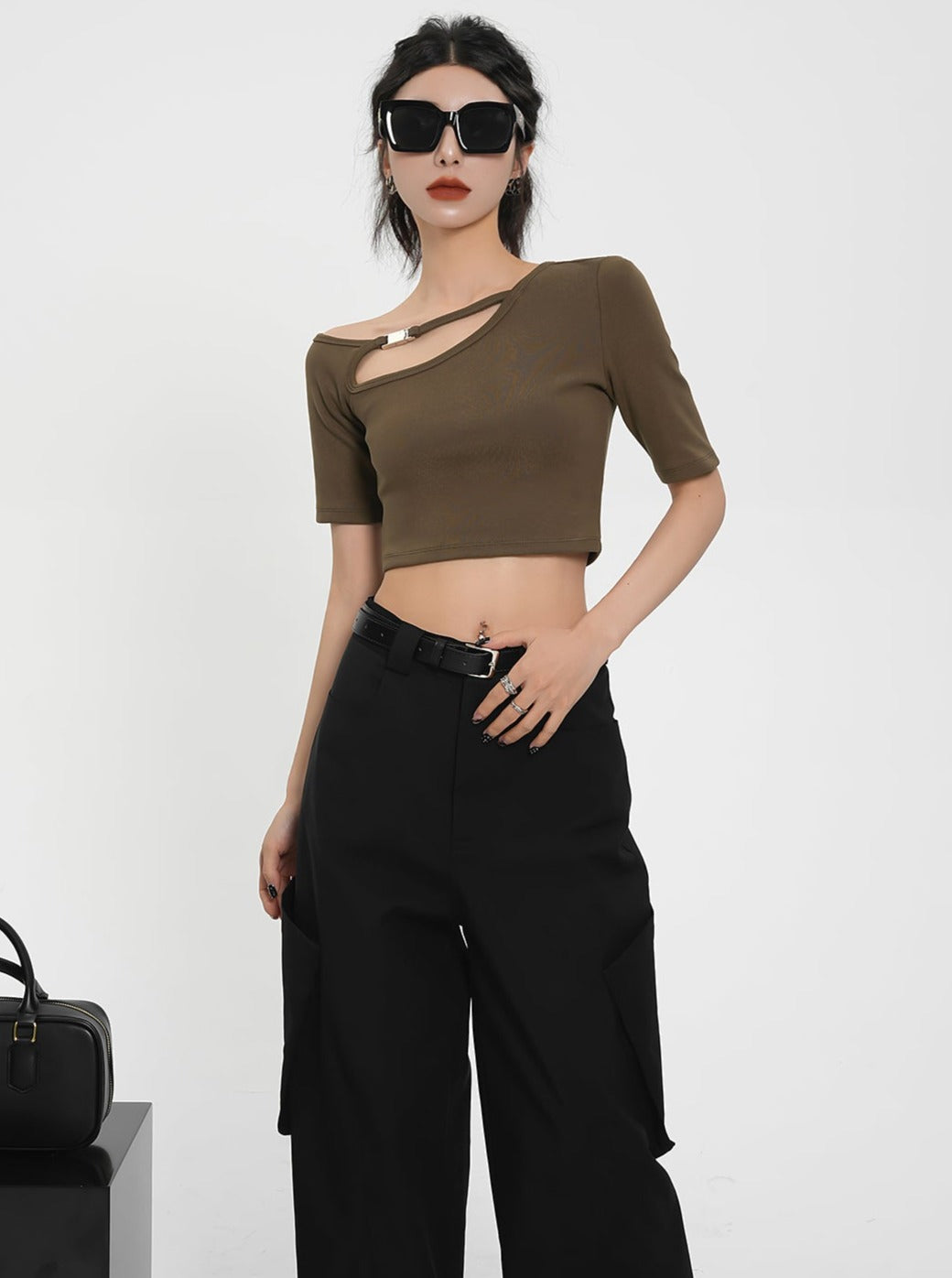 Asymmetric Cut-Out Crop Top - Ribbed Short Sleeve Fitted Tee