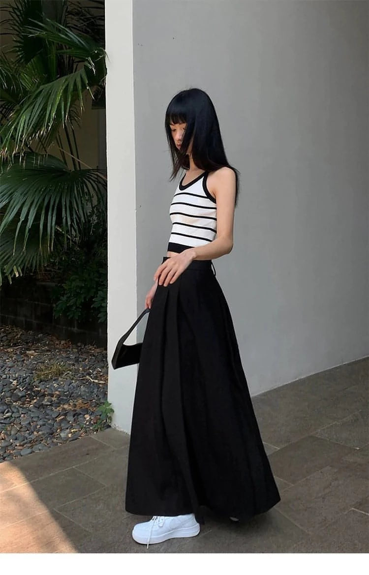 Summer Black High-Waisted Pleated Midi Skirt - chiclara