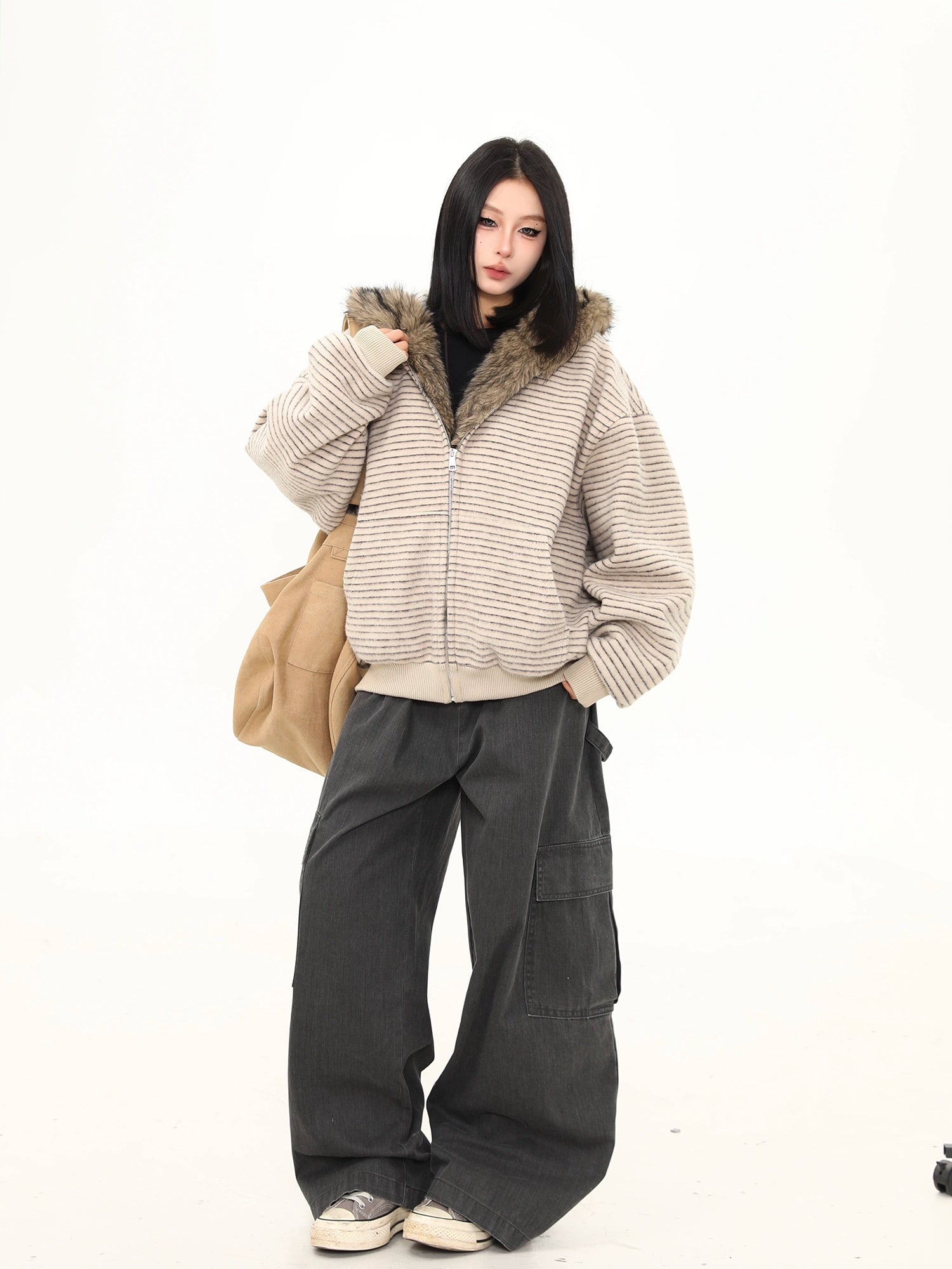 Frost Ridge Striped Faux Fur Hoodie Jacket