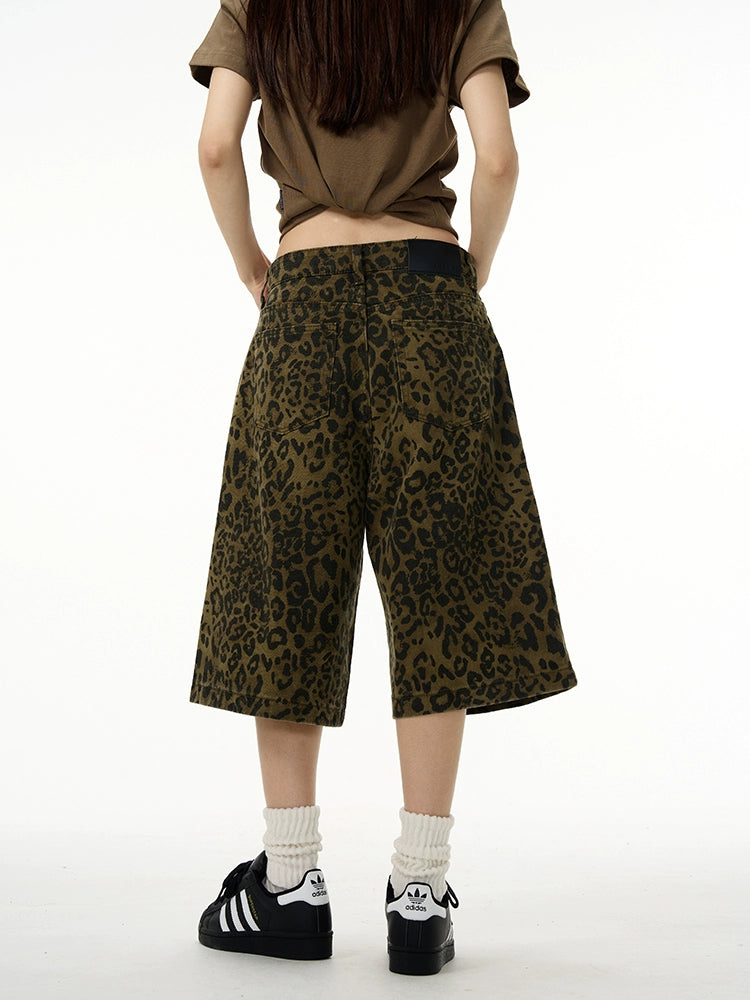 Leopard Print Wide Leg Knee-Length Shorts