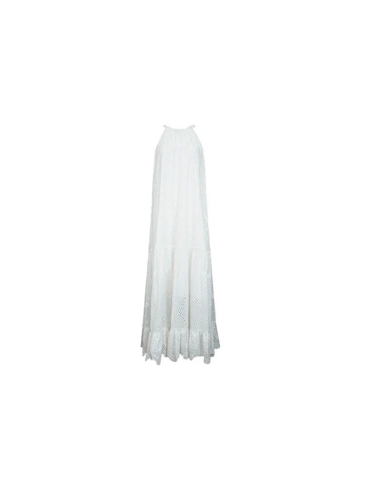 Bohemian White Eyelet Halter Maxi Dress
