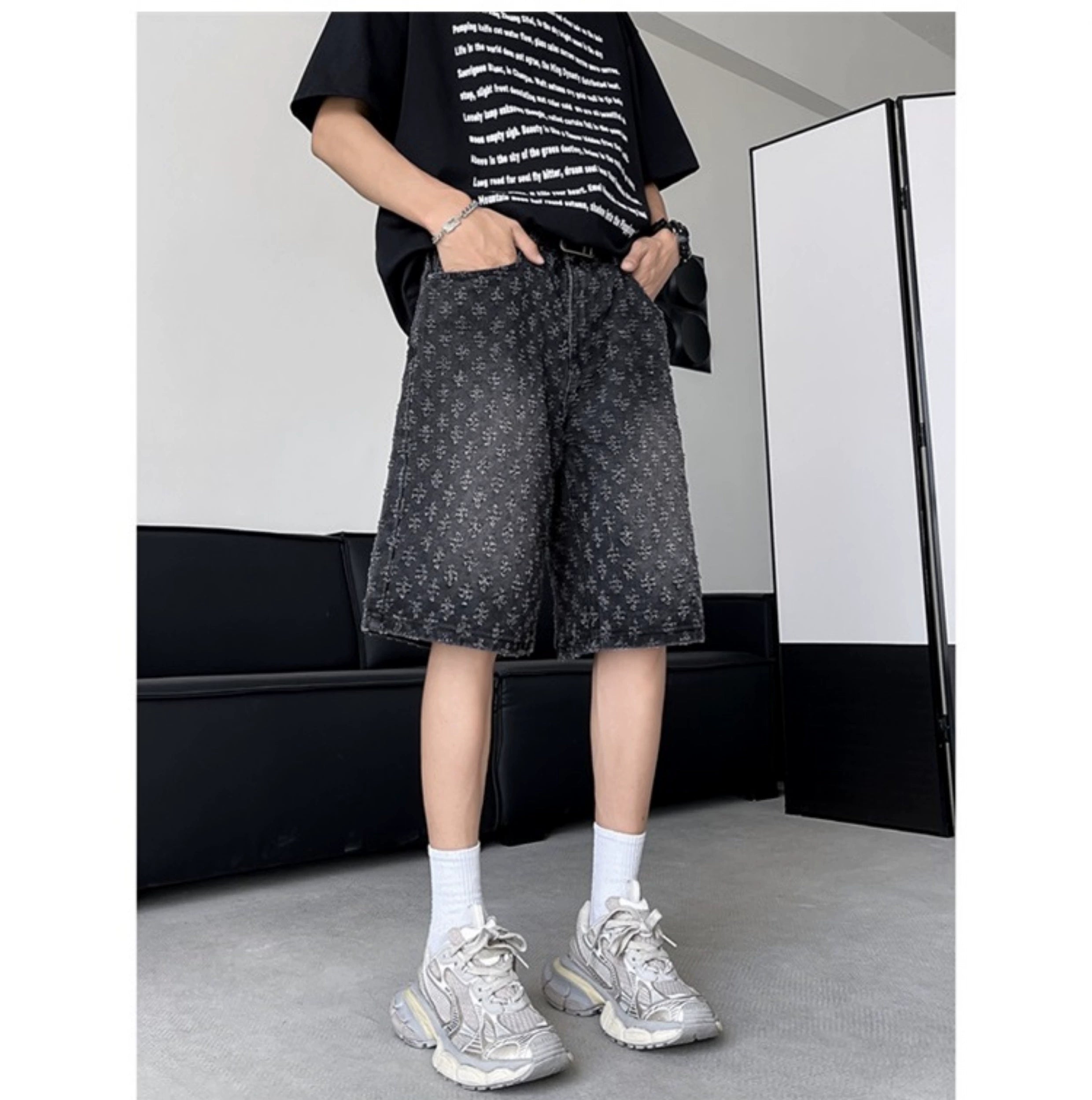 Distressed  Wash Denim Shorts with Embroidered Floral Pattern
