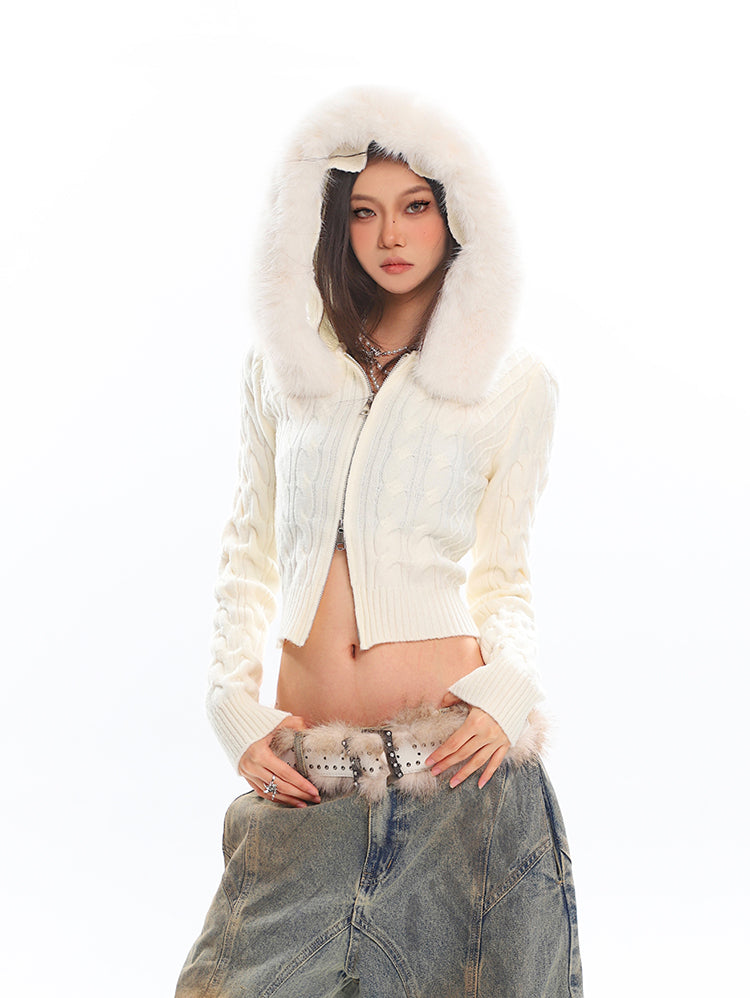 Fur Hooded Cropped Cardigan