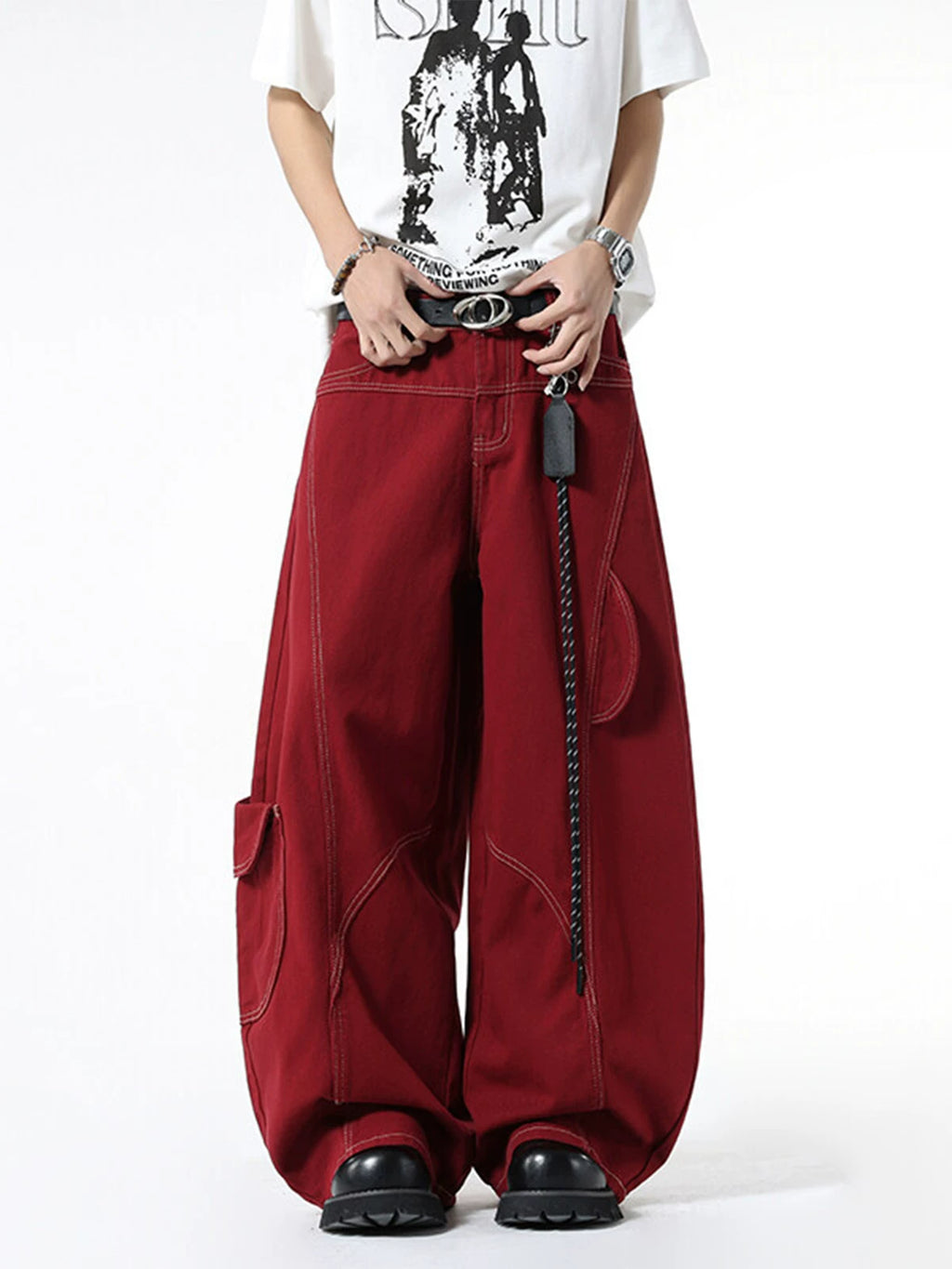 【GOAR】ZIPPER WAIST PANTS CROC RED Crimson Curve Zip Cargo Pants